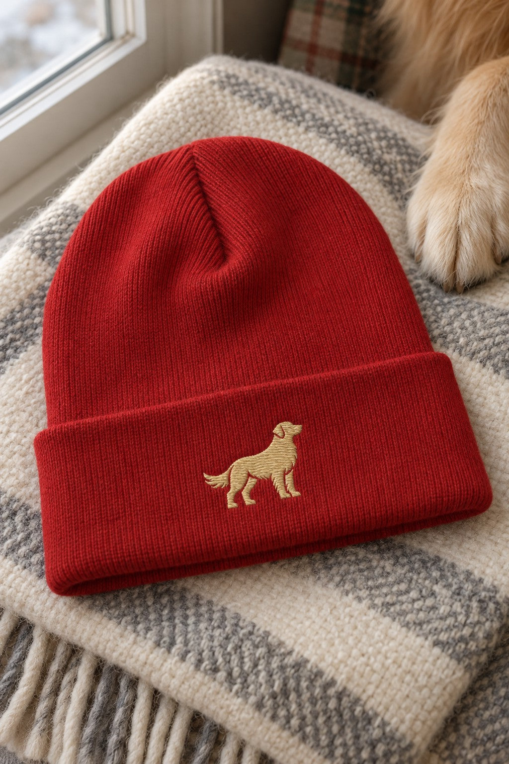 Golden Cuffed Beanie — wool blanket red