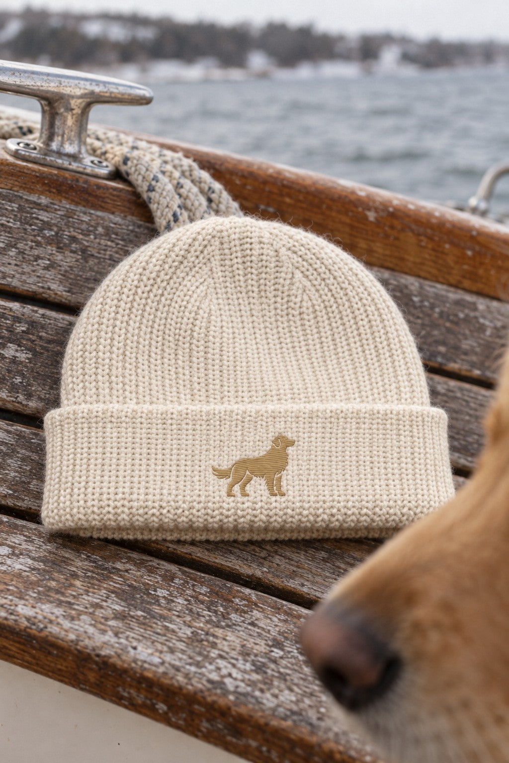 Golden Fisherman Beanie — boat bench close up