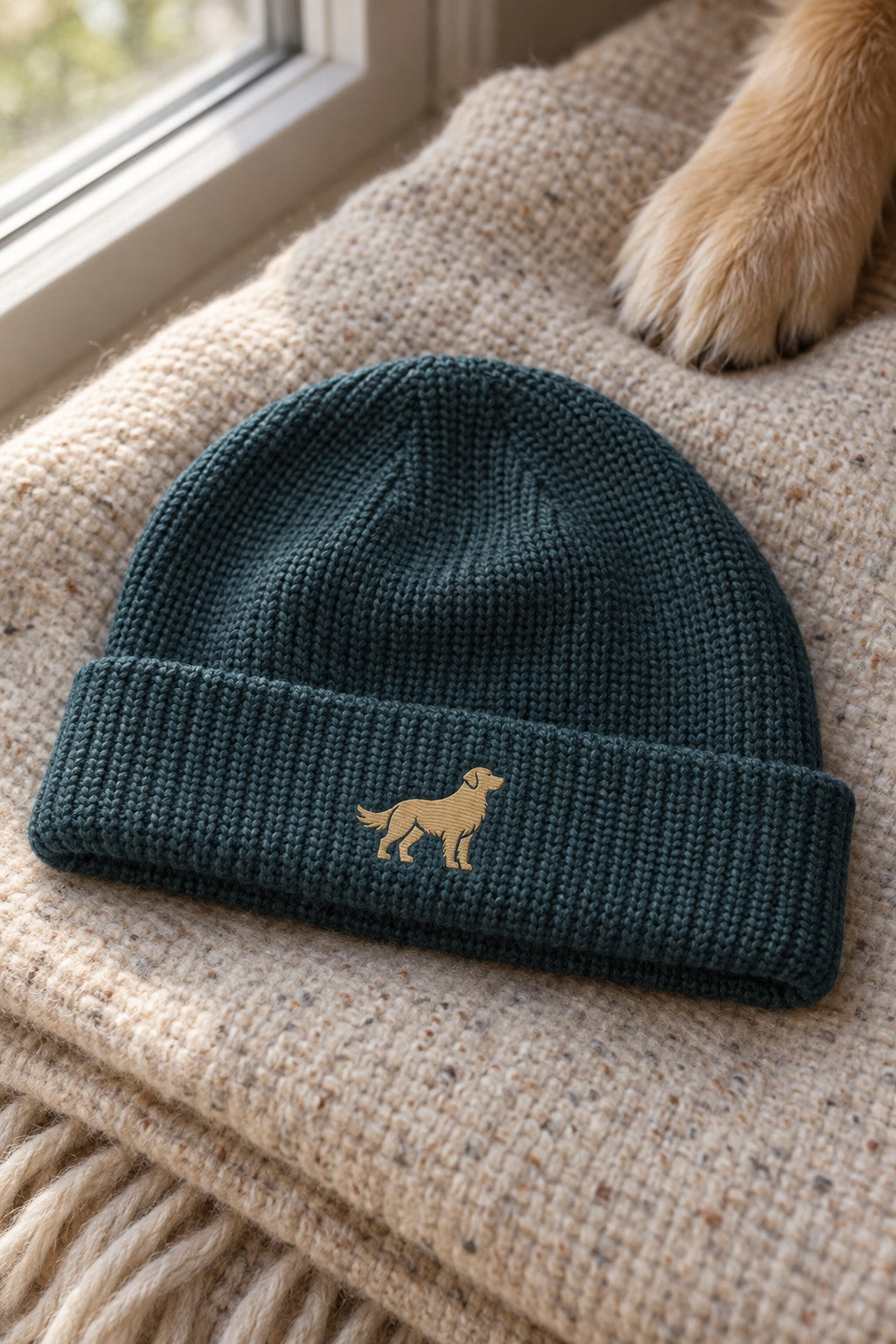 Golden Fisherman Beanie — wool blanket petrol blue