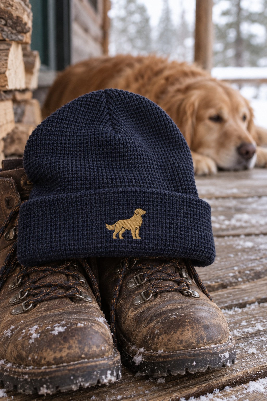 Golden Waffle Beanie — boots close up