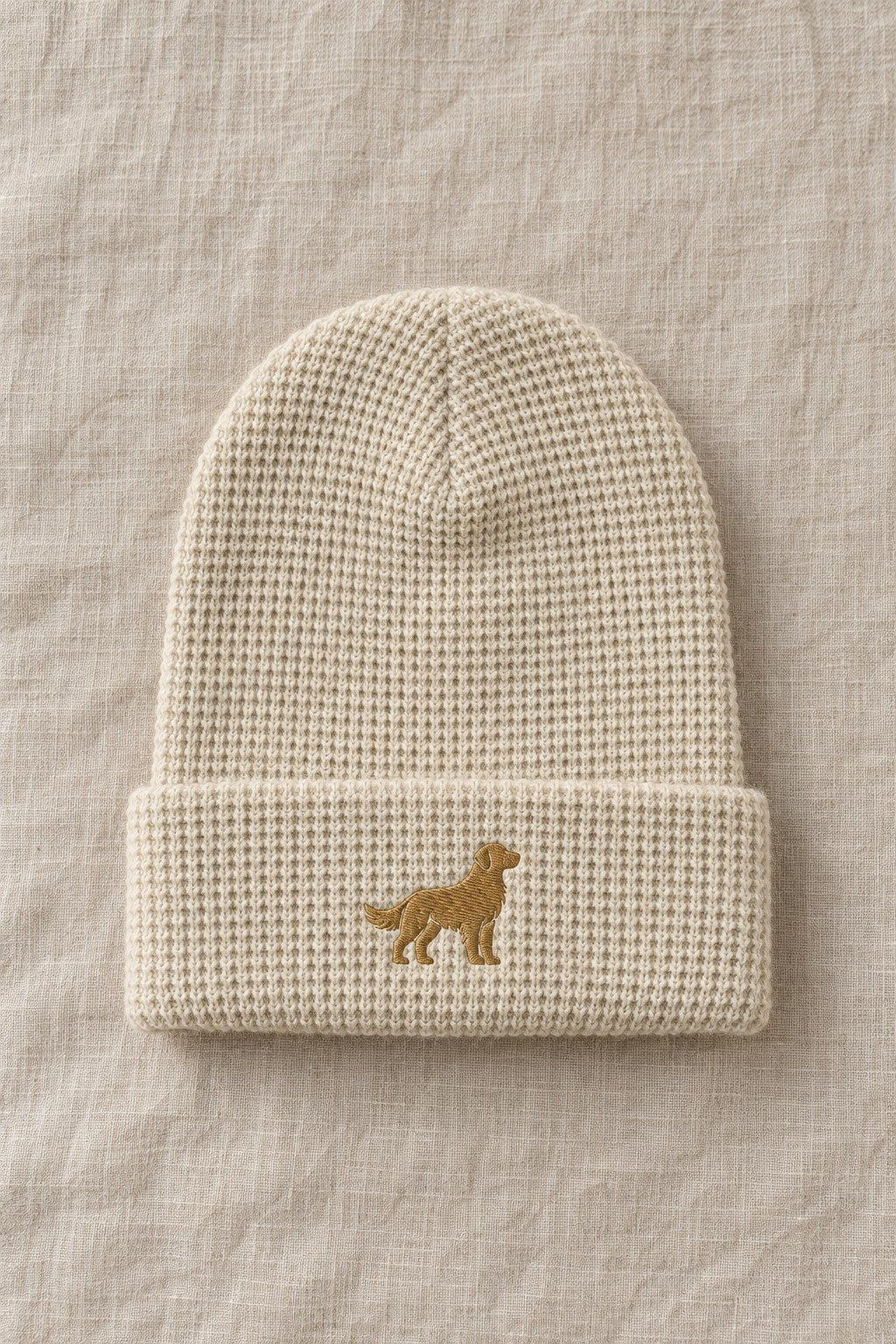 Golden Waffle Beanie — flat lay linen