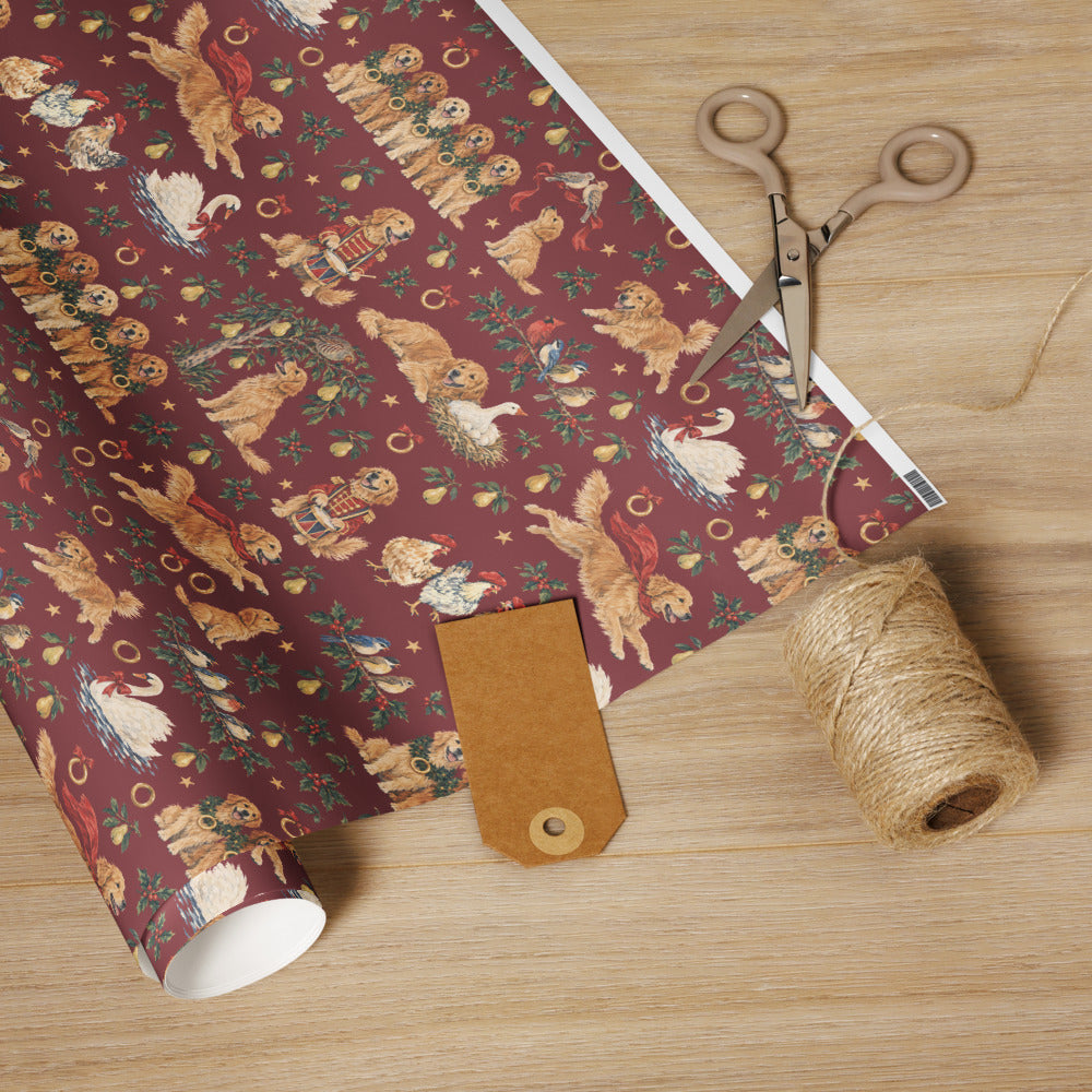 Five Golden Rings Wrapping Paper — the roll with scissors and twine