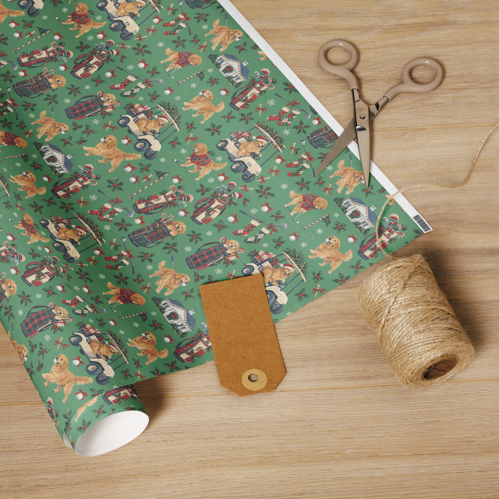 Holiday Rounds Wrapping Paper — the roll with scissors and twine
