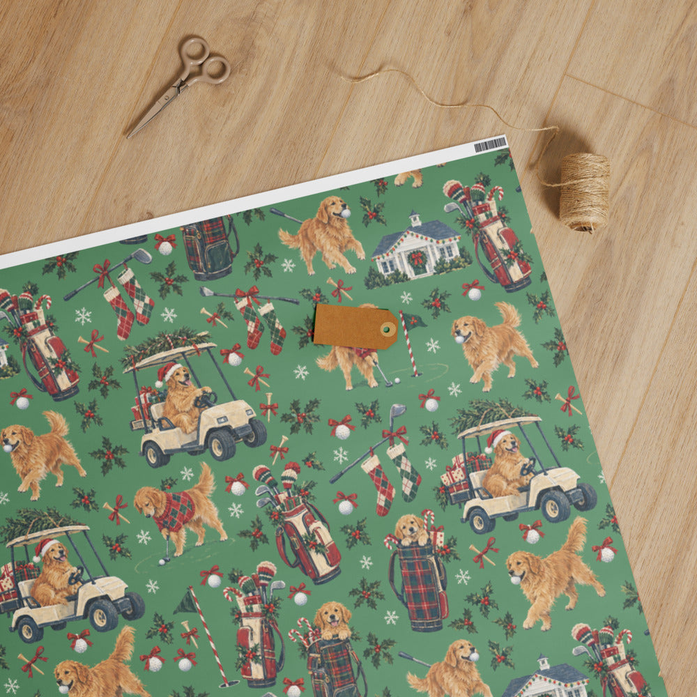 Holiday Rounds Wrapping Paper — unrolled on the table with scissors, twine and a gift tag