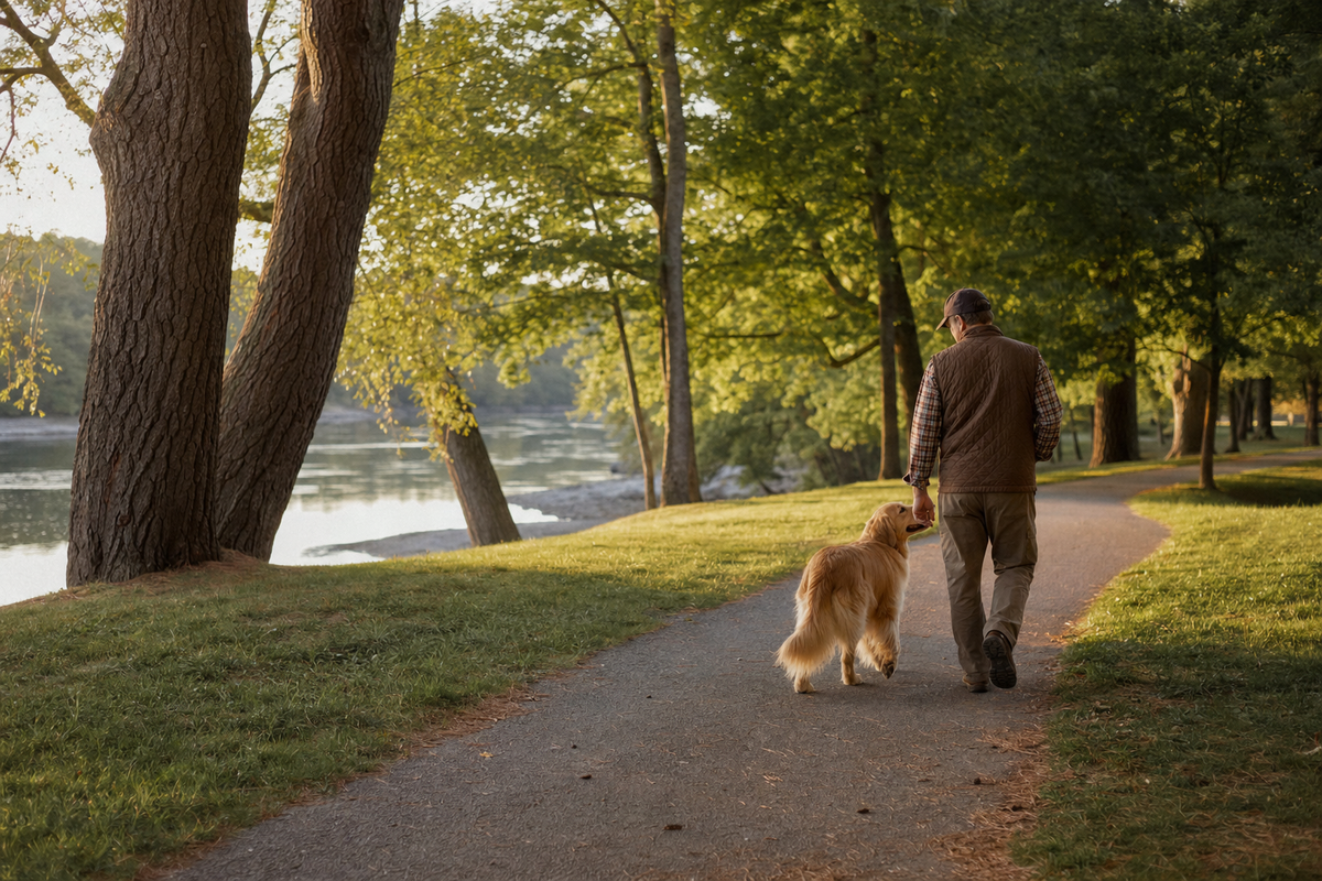 The best part of the path is the golden who keeps circling back.
