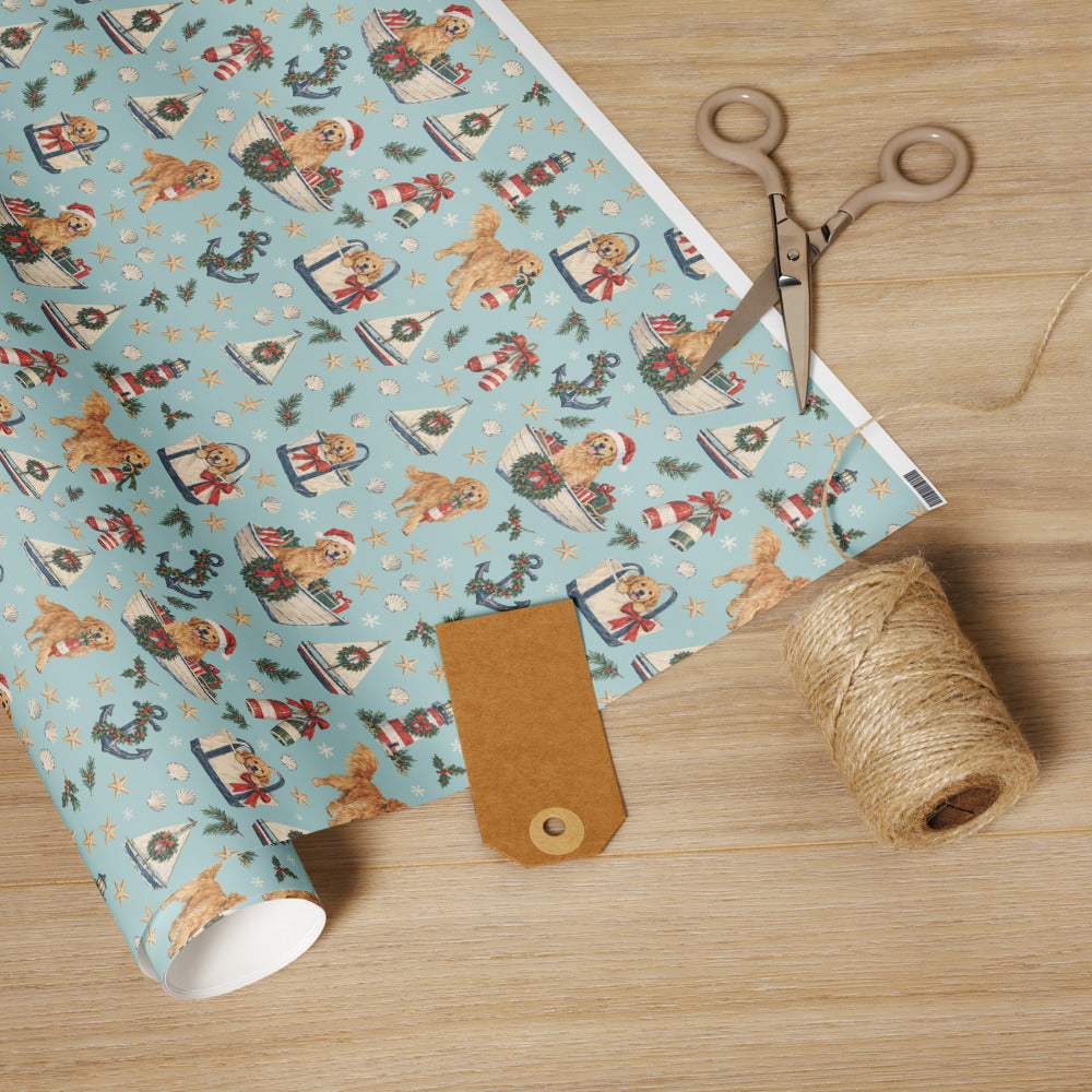 Holiday Harbor Wrapping Paper — the roll with scissors and twine