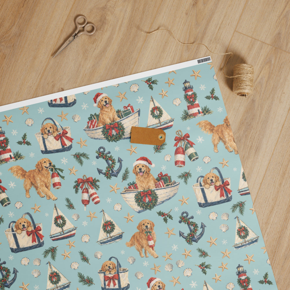 Holiday Harbor Wrapping Paper — unrolled on the table with scissors, twine and a gift tag