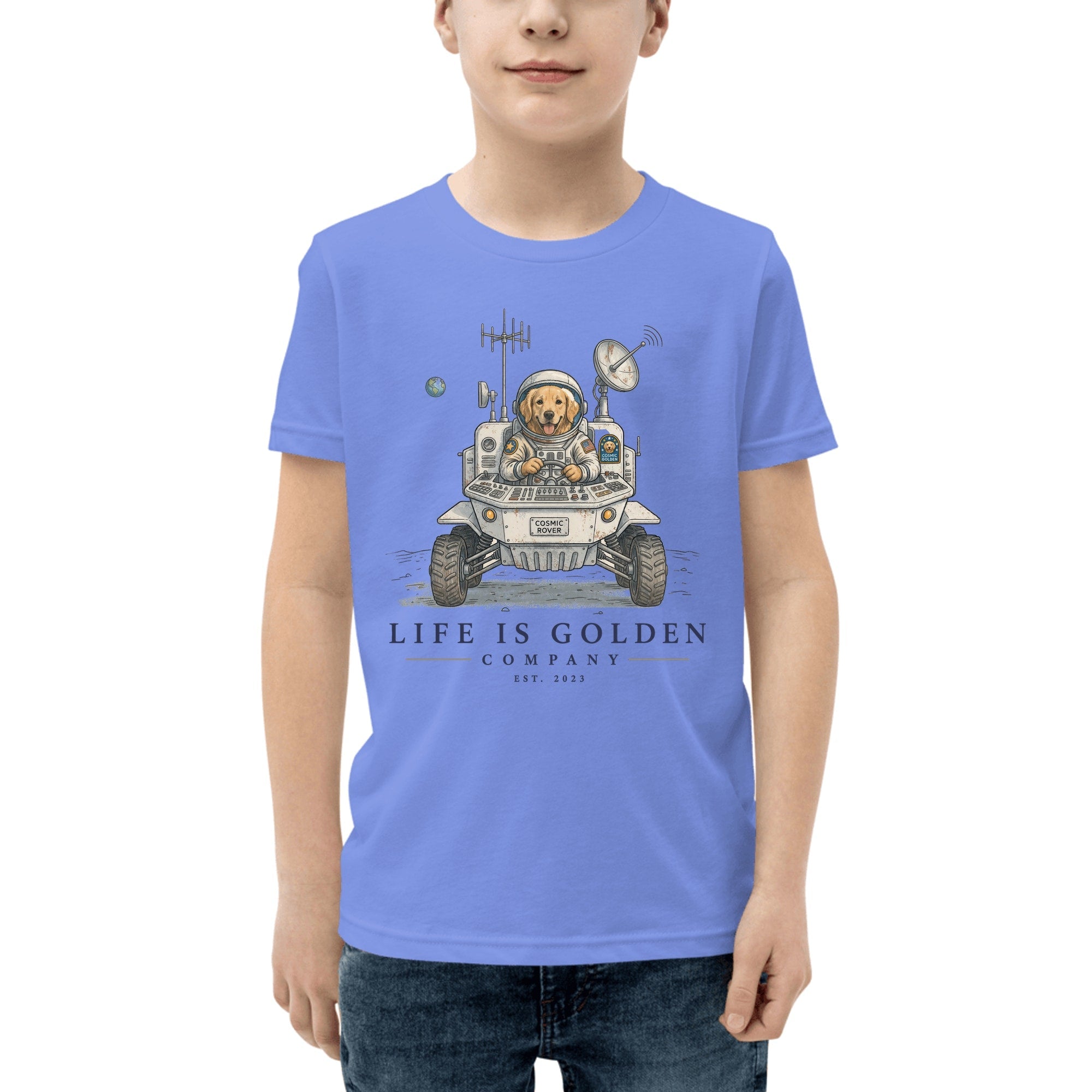 The Cosmic Rover Youth Tee — Heather Columbia Blue