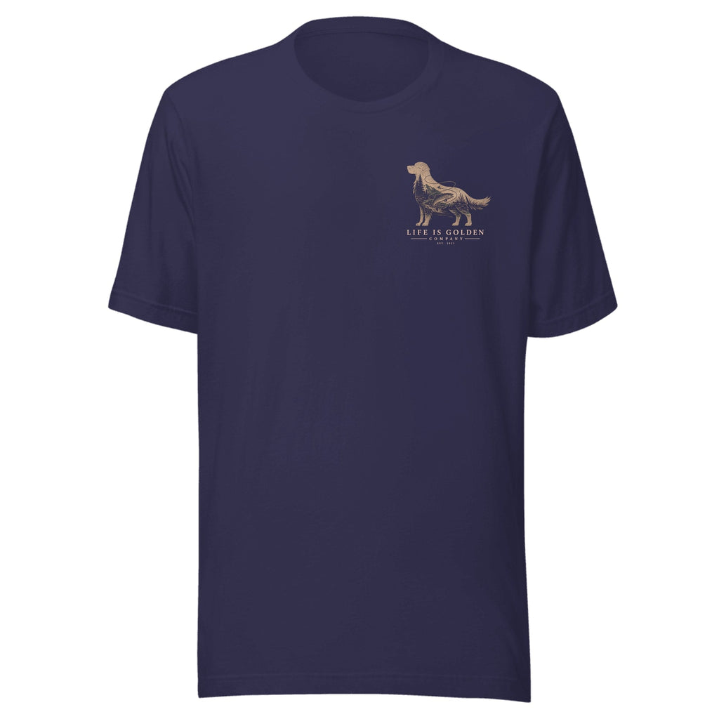 The Riverbend Golden Tee — Heather Midnight Navy (front)