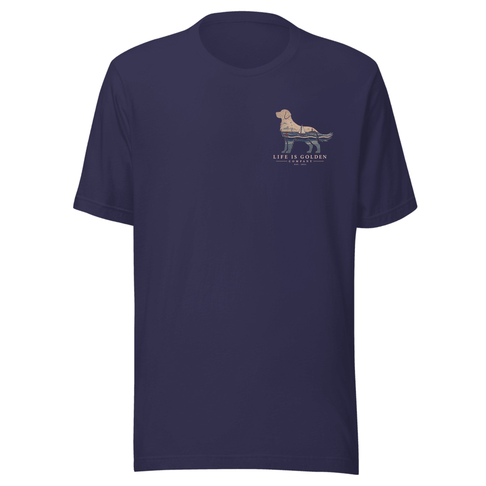 The Harborside Golden Tee — Heather Midnight Navy (front)