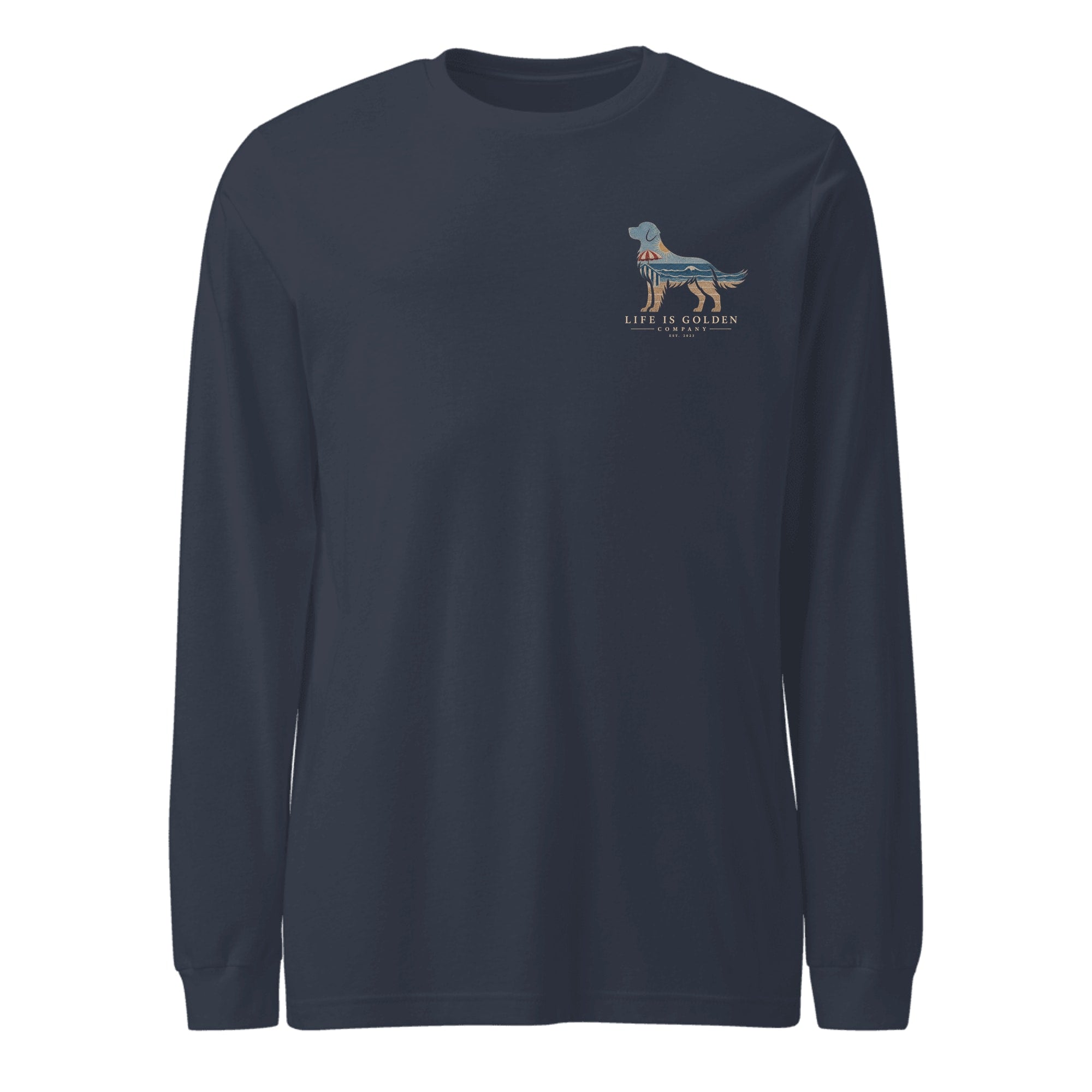 The Beach Day Golden Long Sleeve — Heather Navy (front)