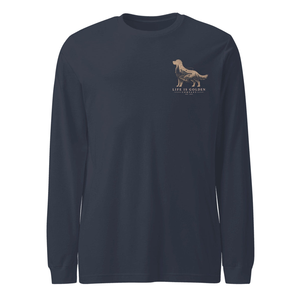 The Riverbend Golden Long Sleeve — Heather Navy (front)