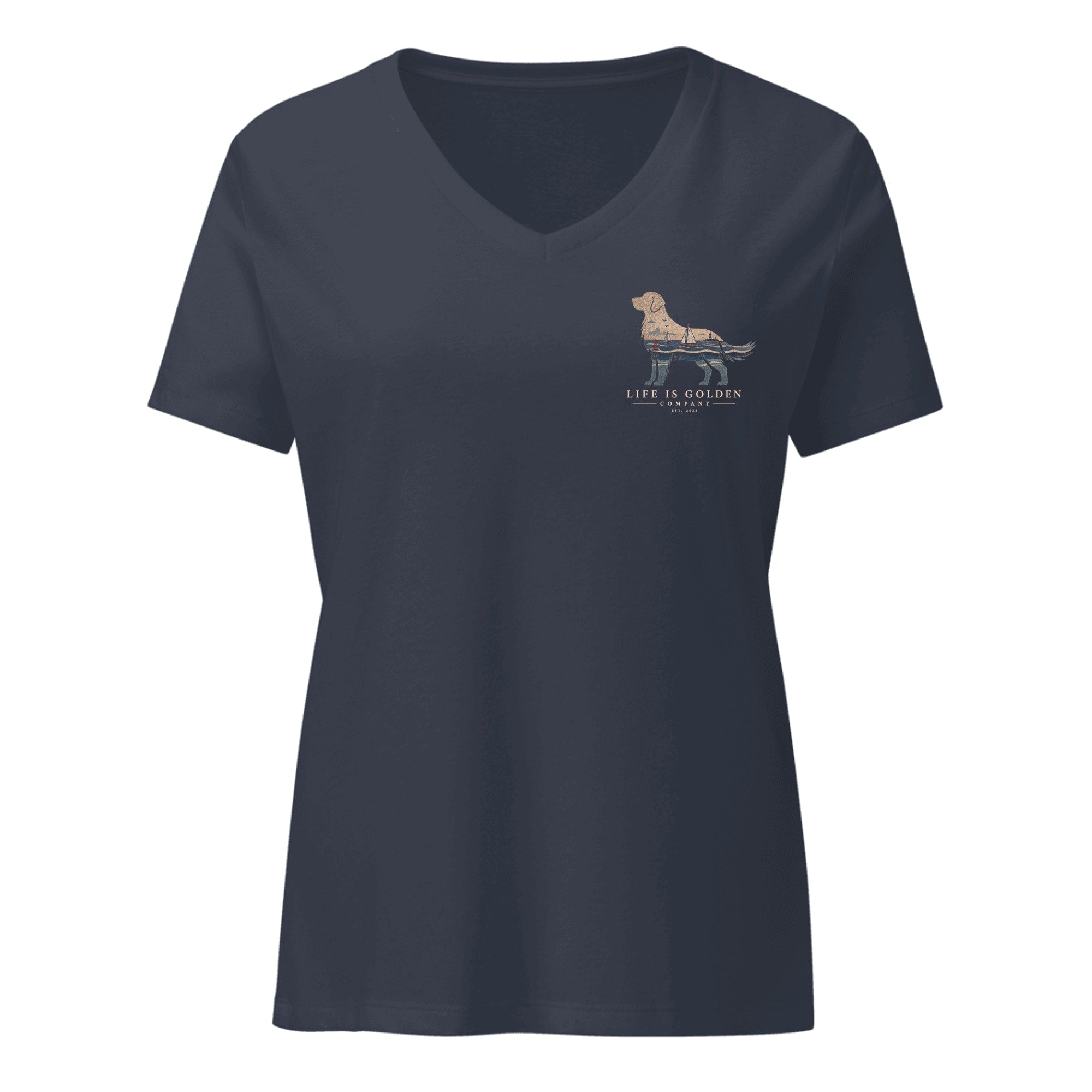 The Harborside Golden Tee — Women's V-Neck — Heather Navy (front)