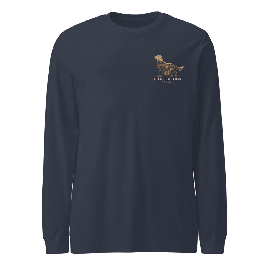 The Homestead Golden Long Sleeve — Heather Navy (front)