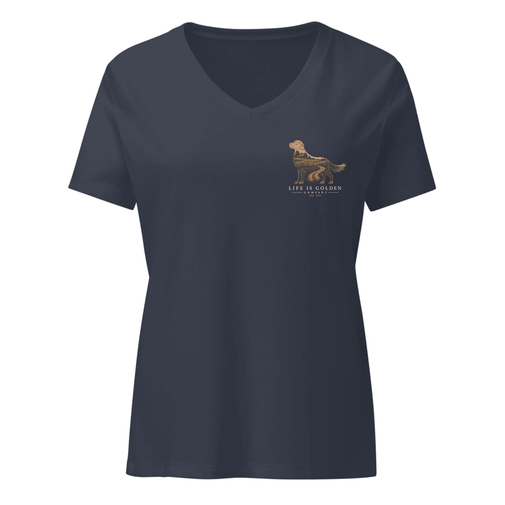 The Homestead Golden Women's V-Neck — Heather Navy (front)