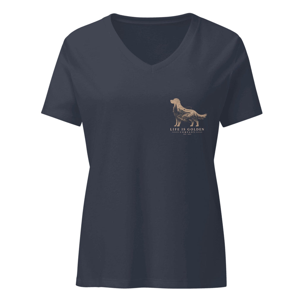 The Riverbend Golden II Women's V-Neck — Heather Navy (front)