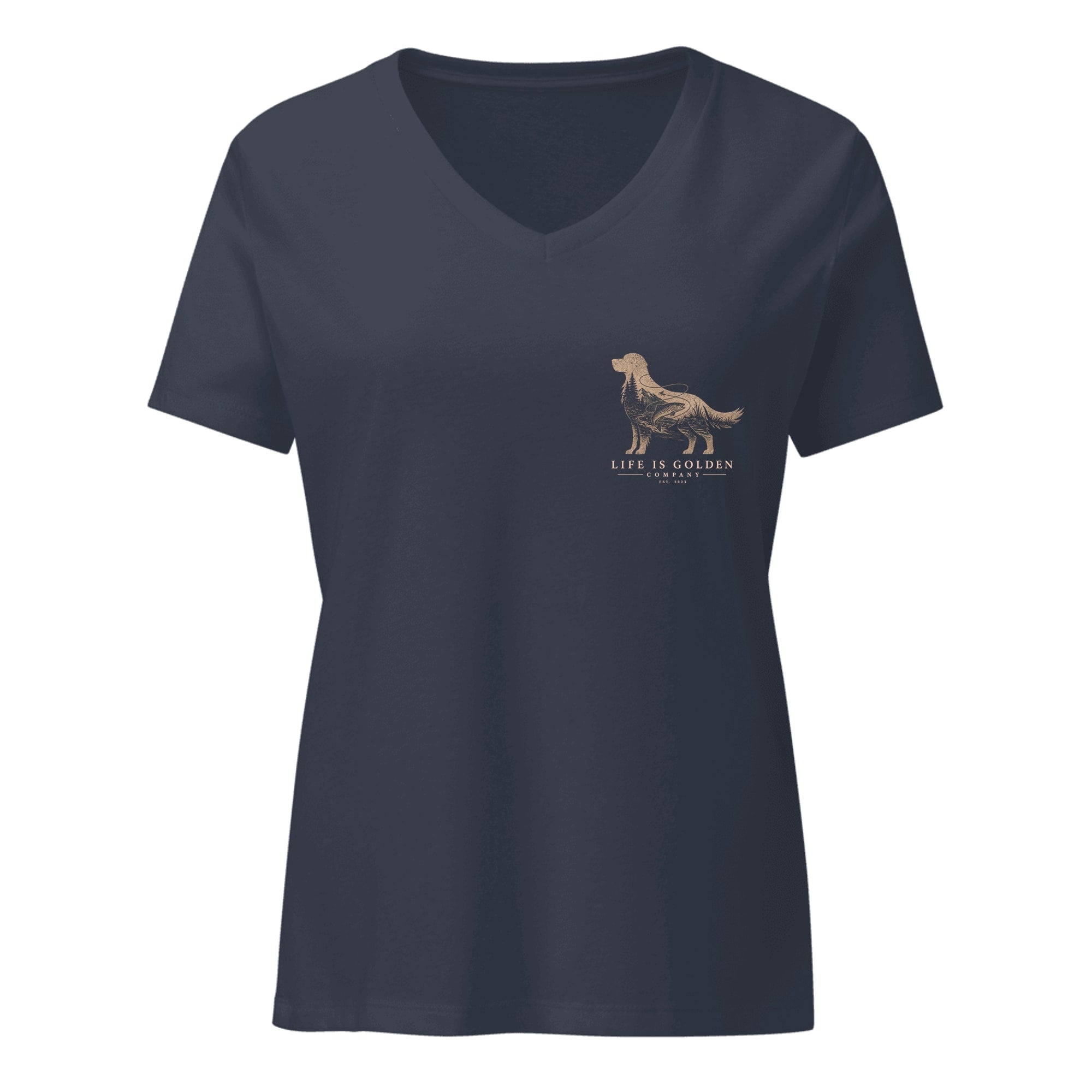 The Riverbend Golden II Women's V-Neck — Heather Navy (front)