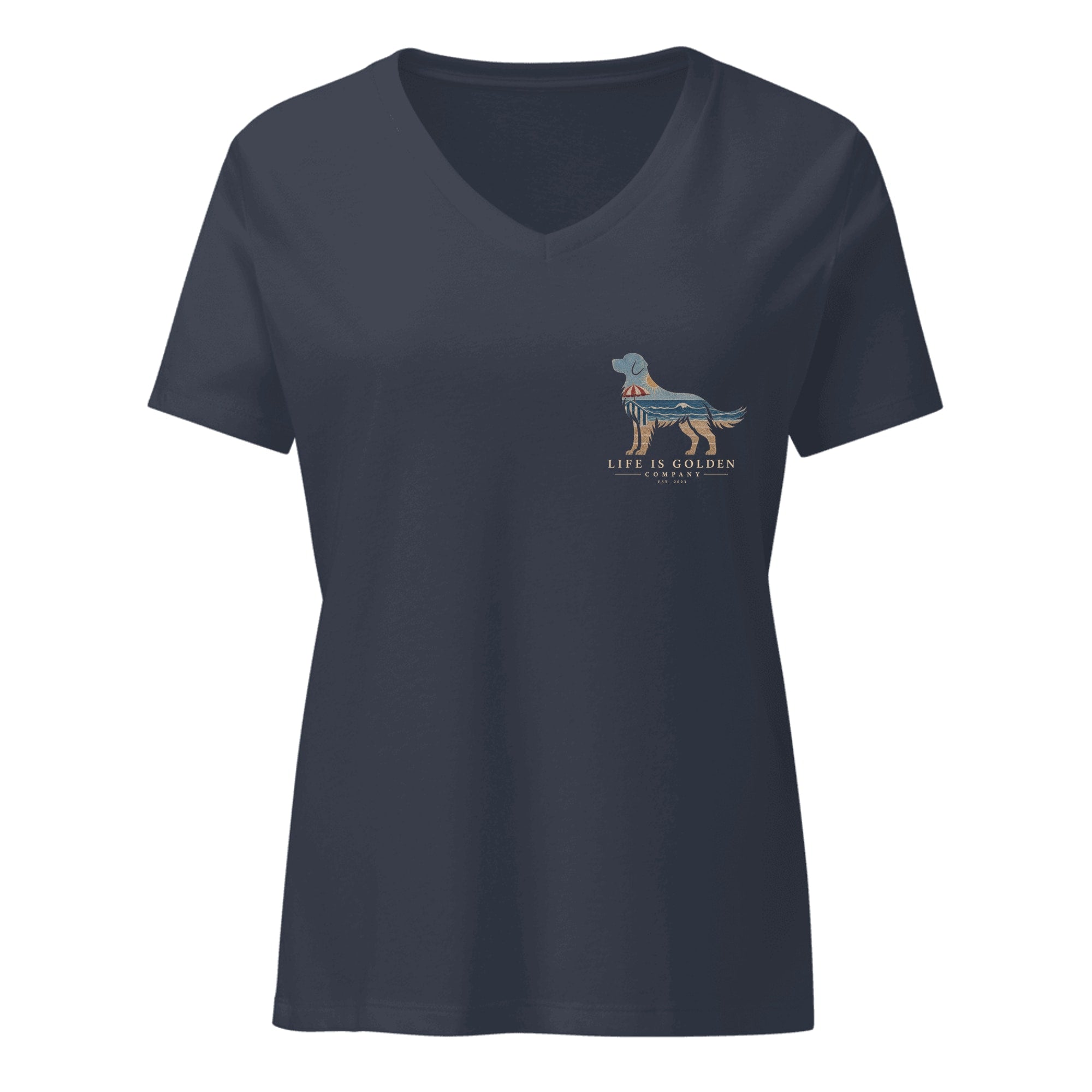 The Beach Day Golden II Women's V-Neck — Heather Navy (front)