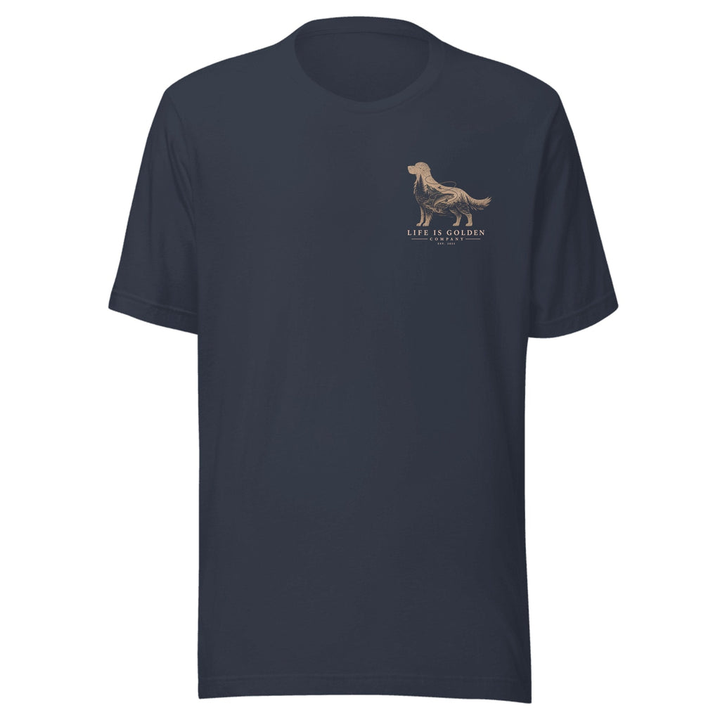 The Riverbend Golden Tee — Heather Navy (front)