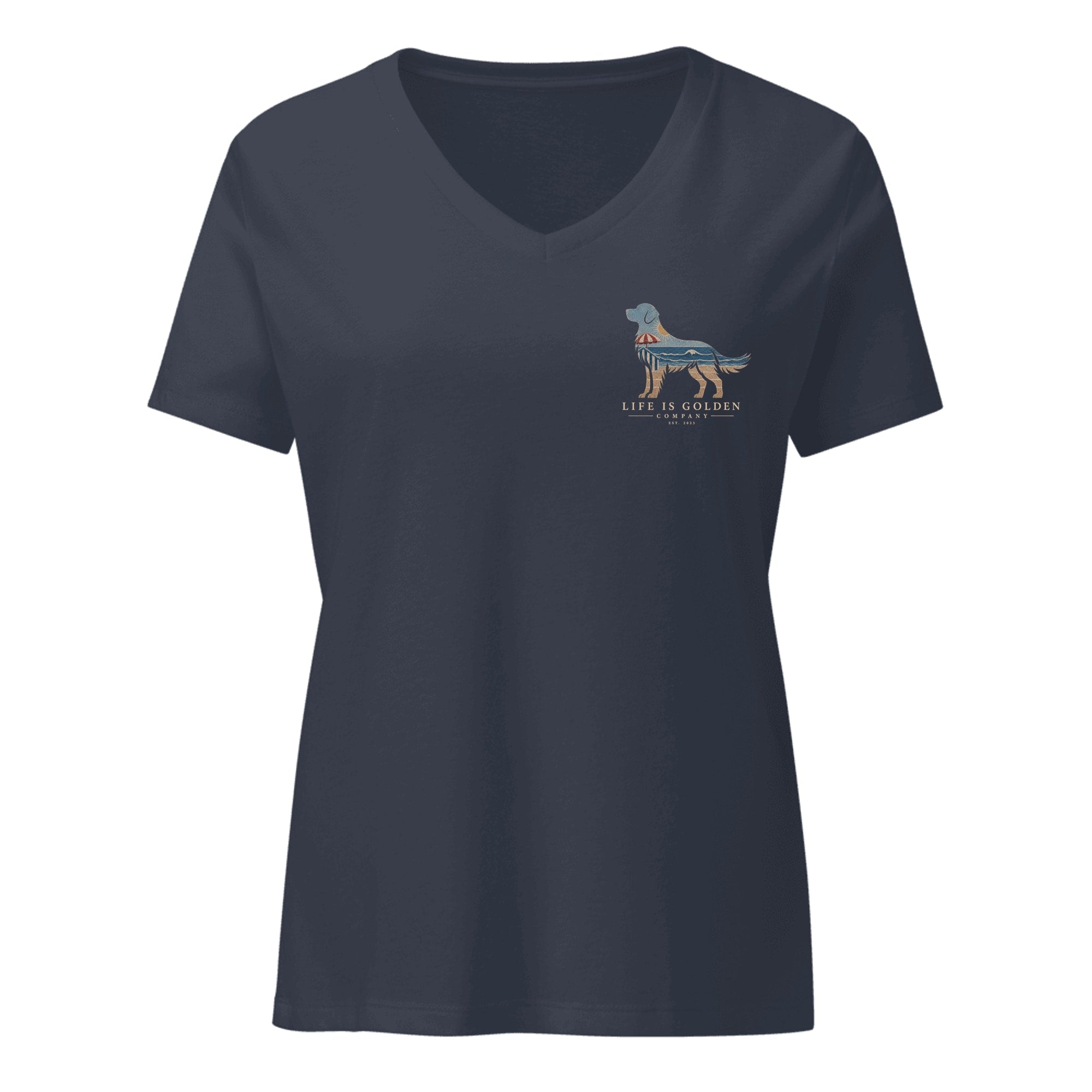 The Beach Day Golden Women's V-Neck — Heather Navy (front)
