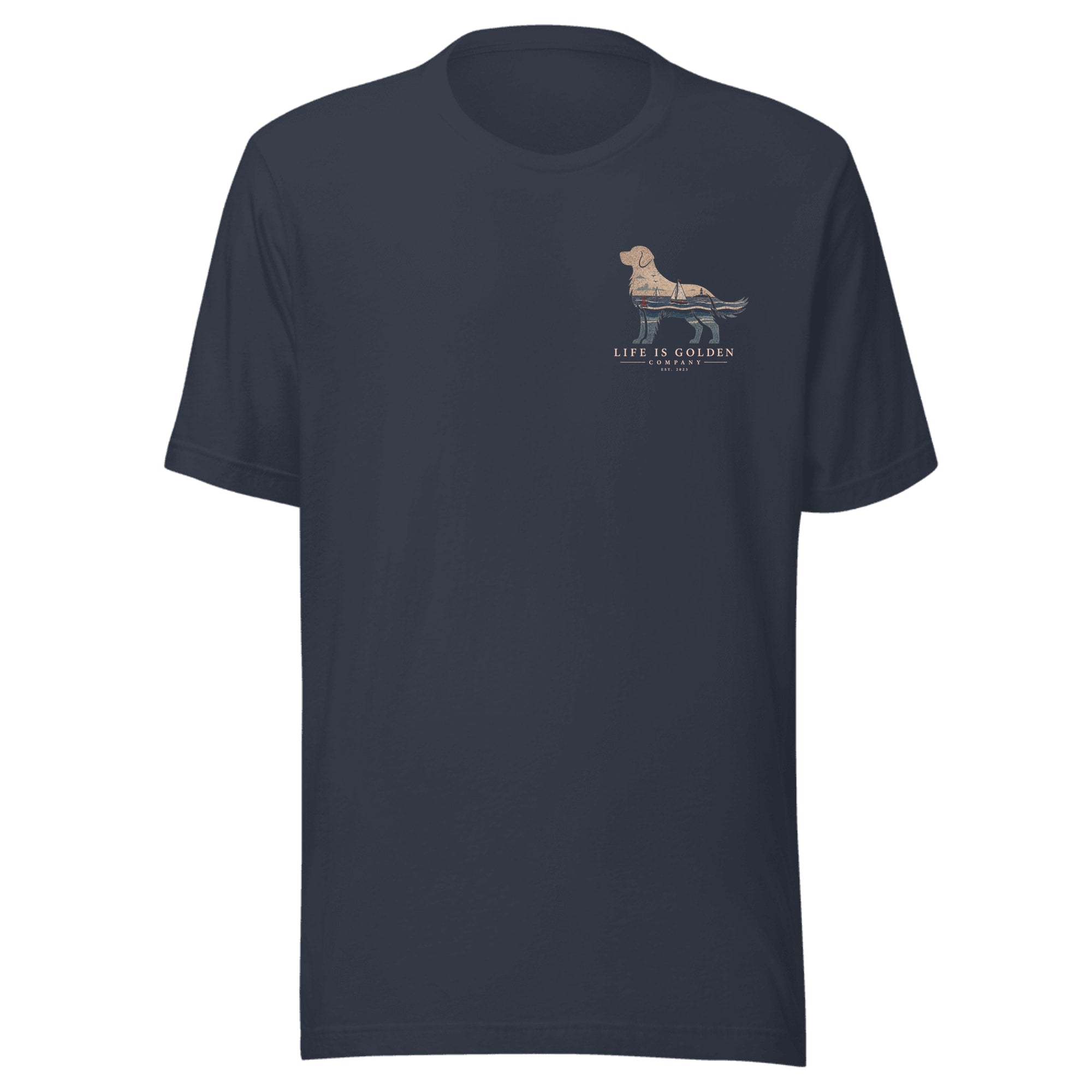 The Harborside Golden Tee — Heather Navy (front)