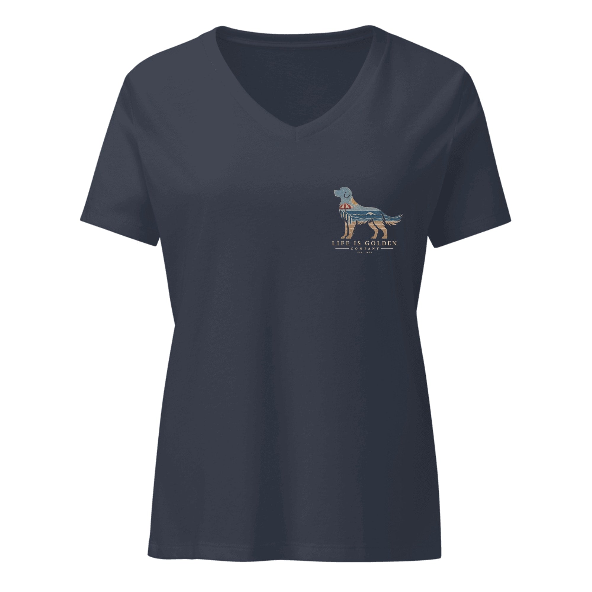 The Beach Day Golden Tee — Women's V-Neck — Heather Navy (front)