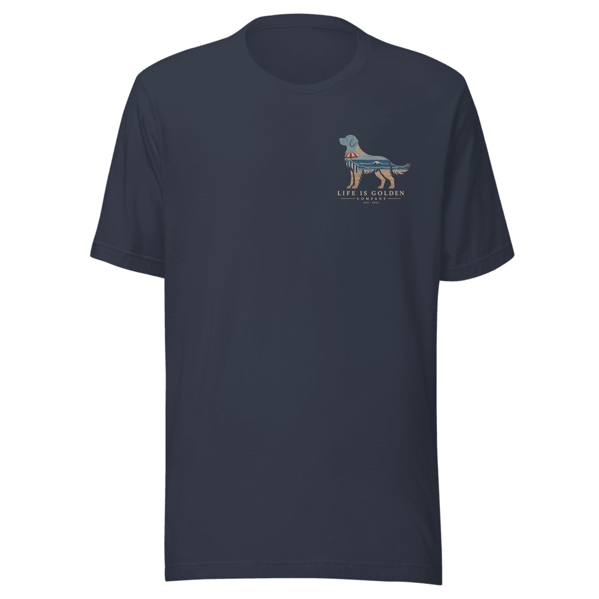 The Beach Day Golden Tee — Heather Navy (front)