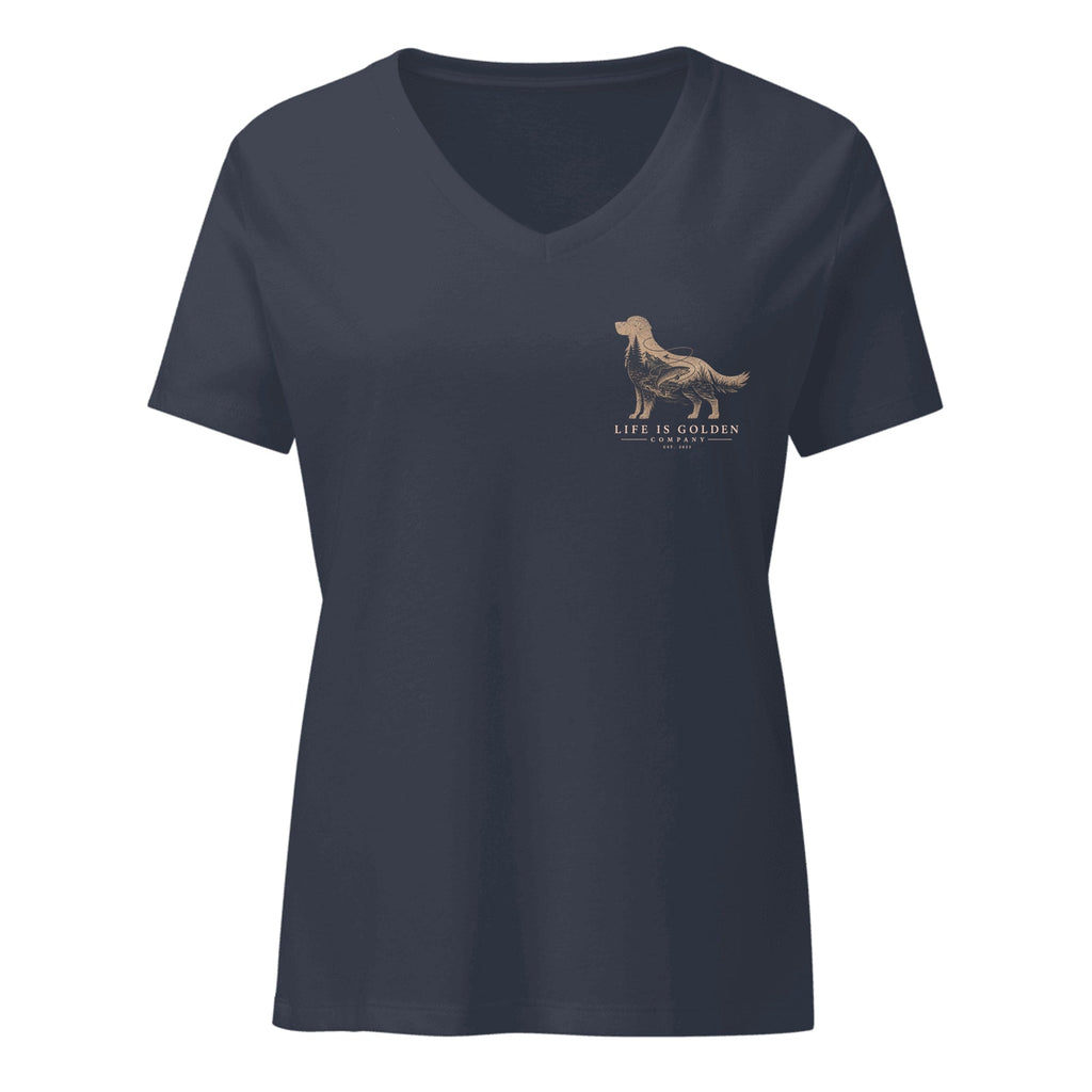 The Riverbend Golden Women's V-Neck — Heather Navy (front)