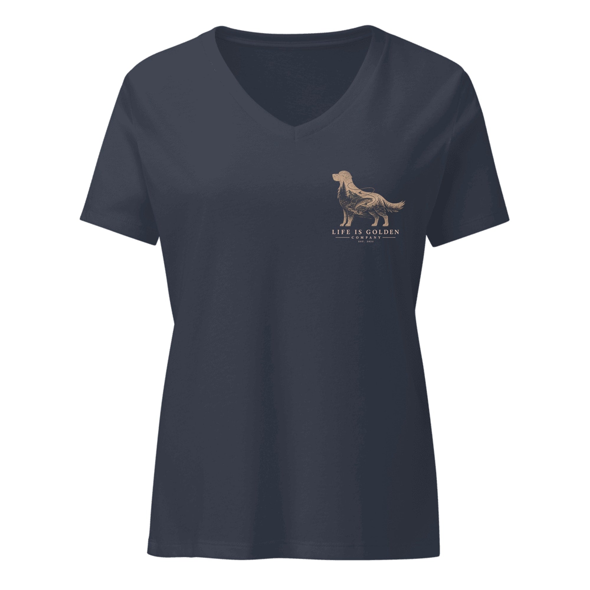 The Riverbend Golden Women's V-Neck — Heather Navy (front)