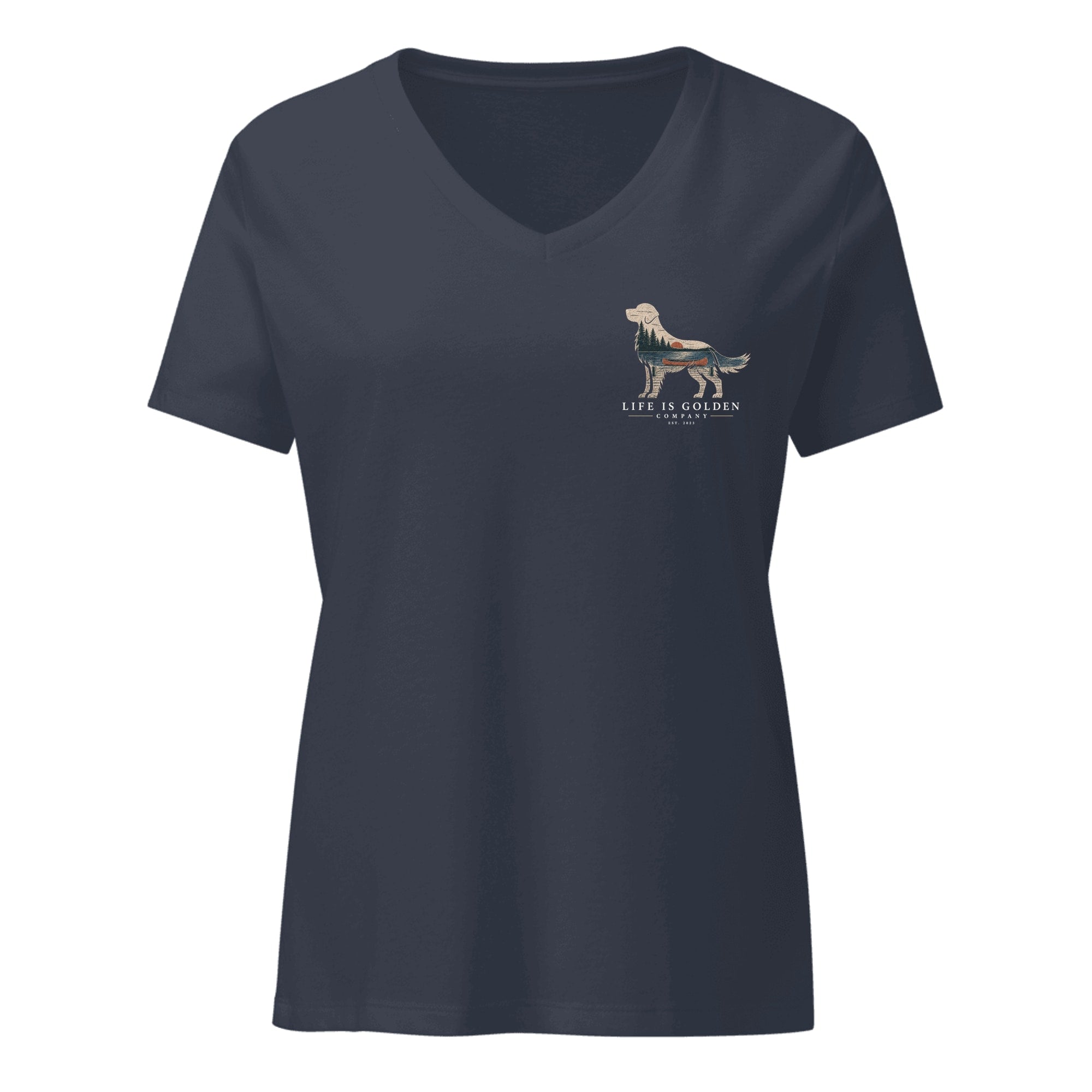 The Still Water Golden Women's V-Neck — Heather Navy (front)