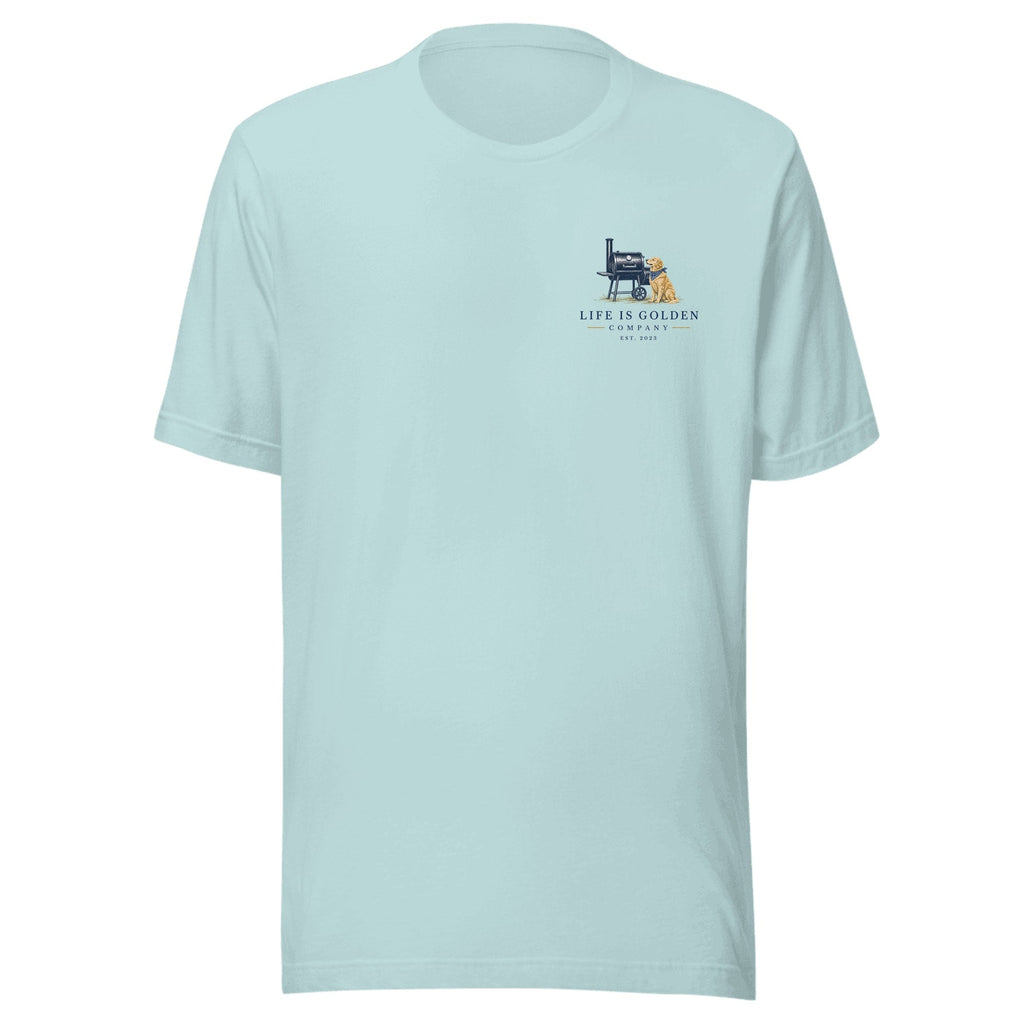 The Pitmaster Tee — Heather Prism Ice Blue (front)