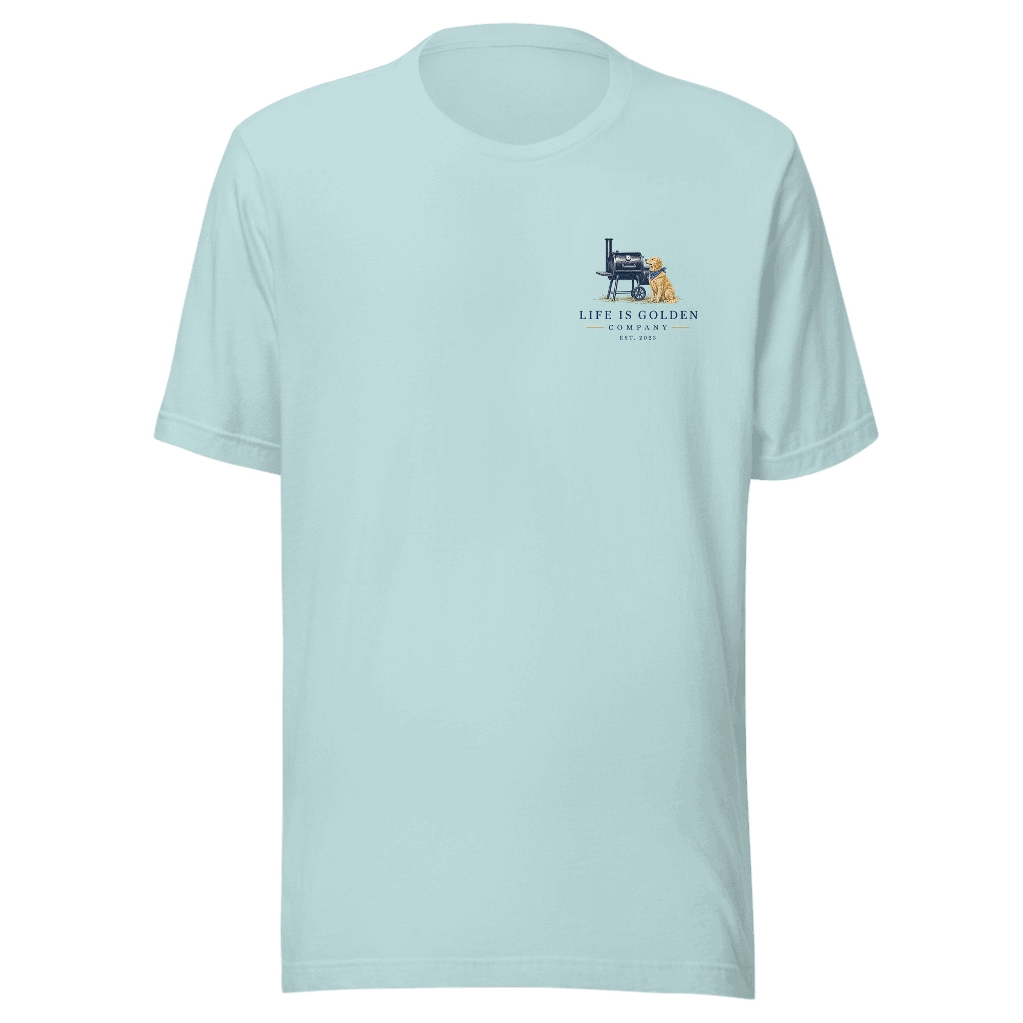 The Pitmaster Tee — Heather Prism Ice Blue (front)