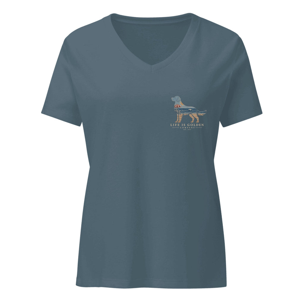 The Beach Day Golden Tee — Women's V-Neck — Heather Slate (front)