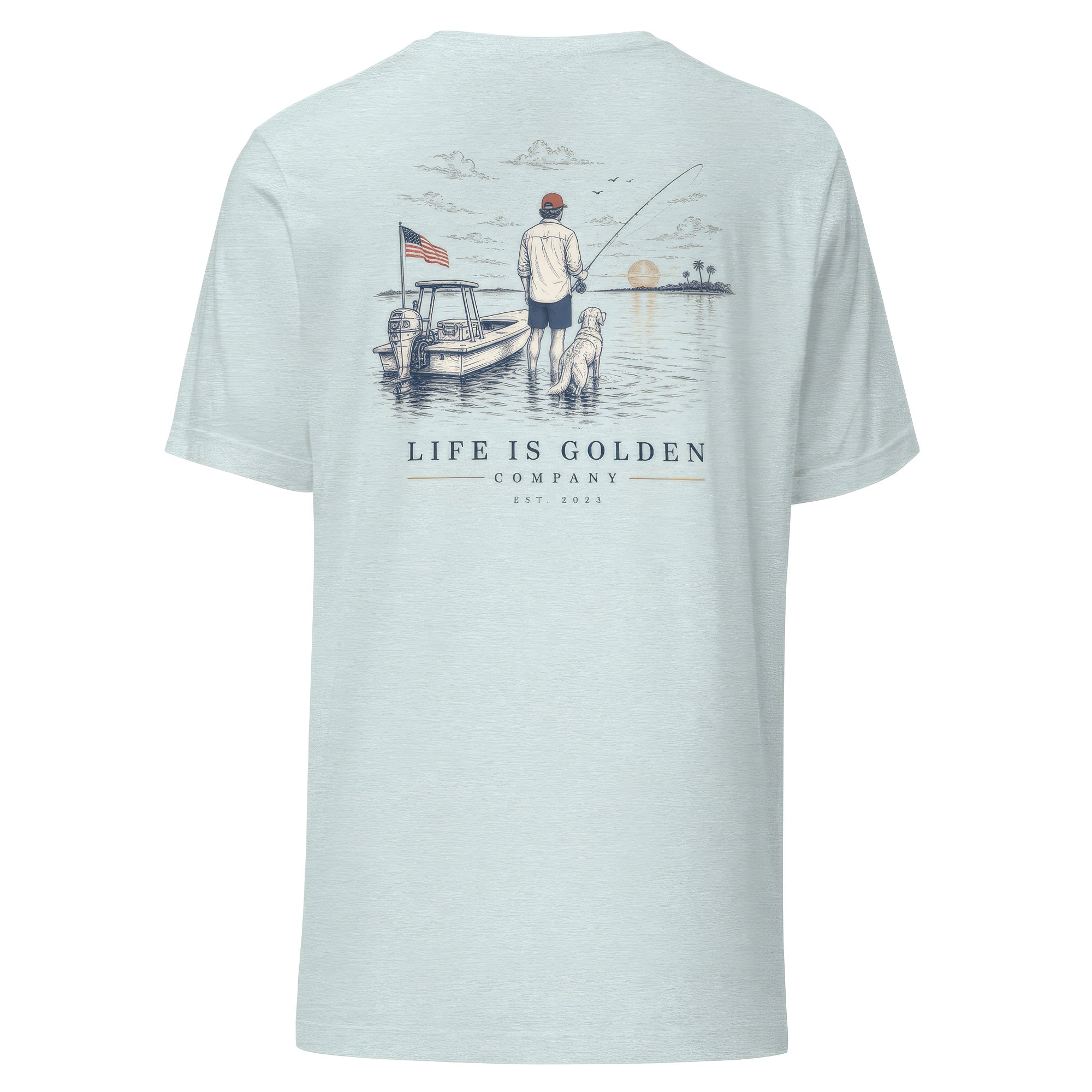 The Last Cast Tee — Heather Prism Ice Blue, back, ghost