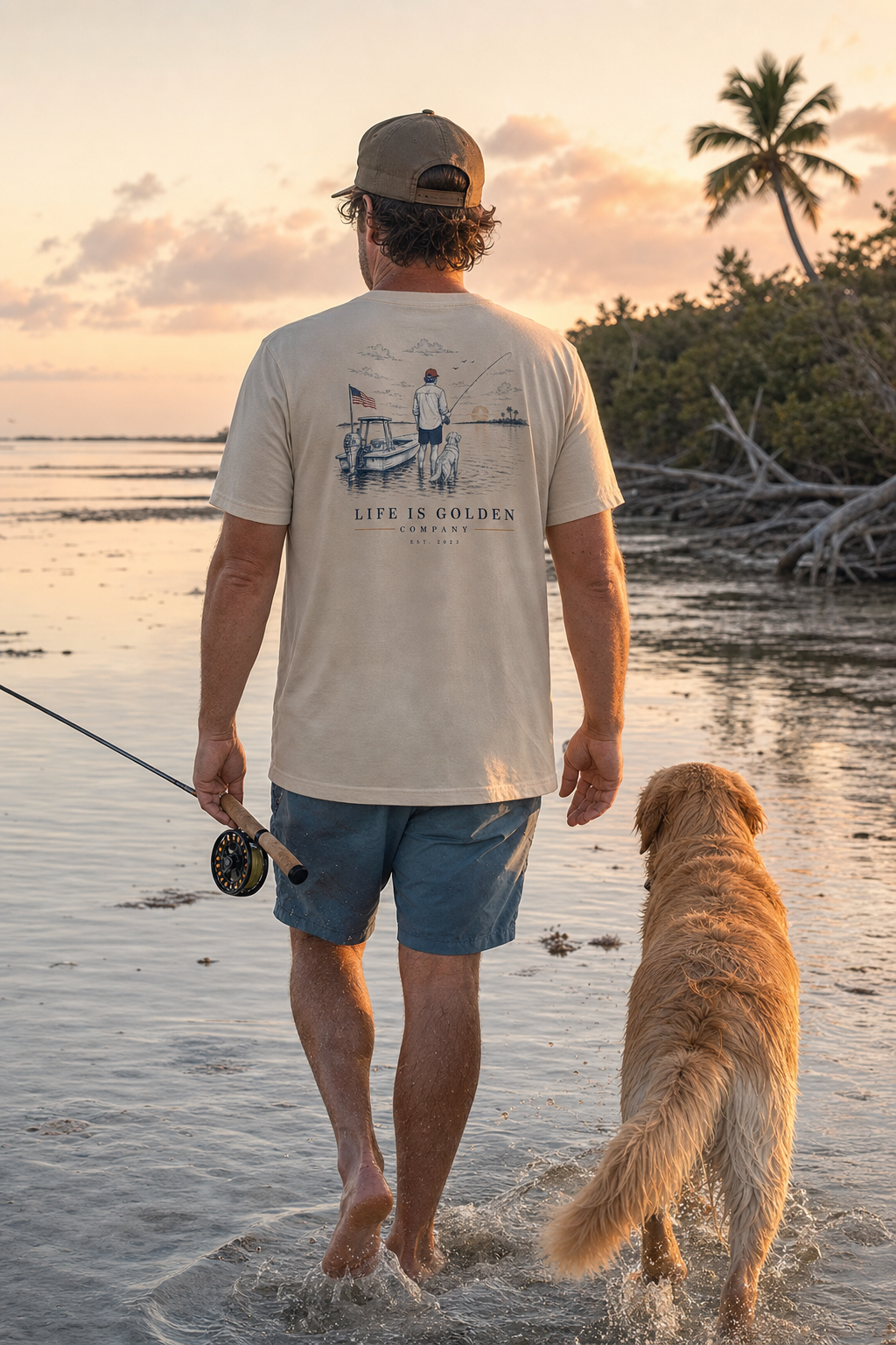 The Last Cast Tee — lifestyle, Florida flats at sunset (HQ, v3 golden retriever)