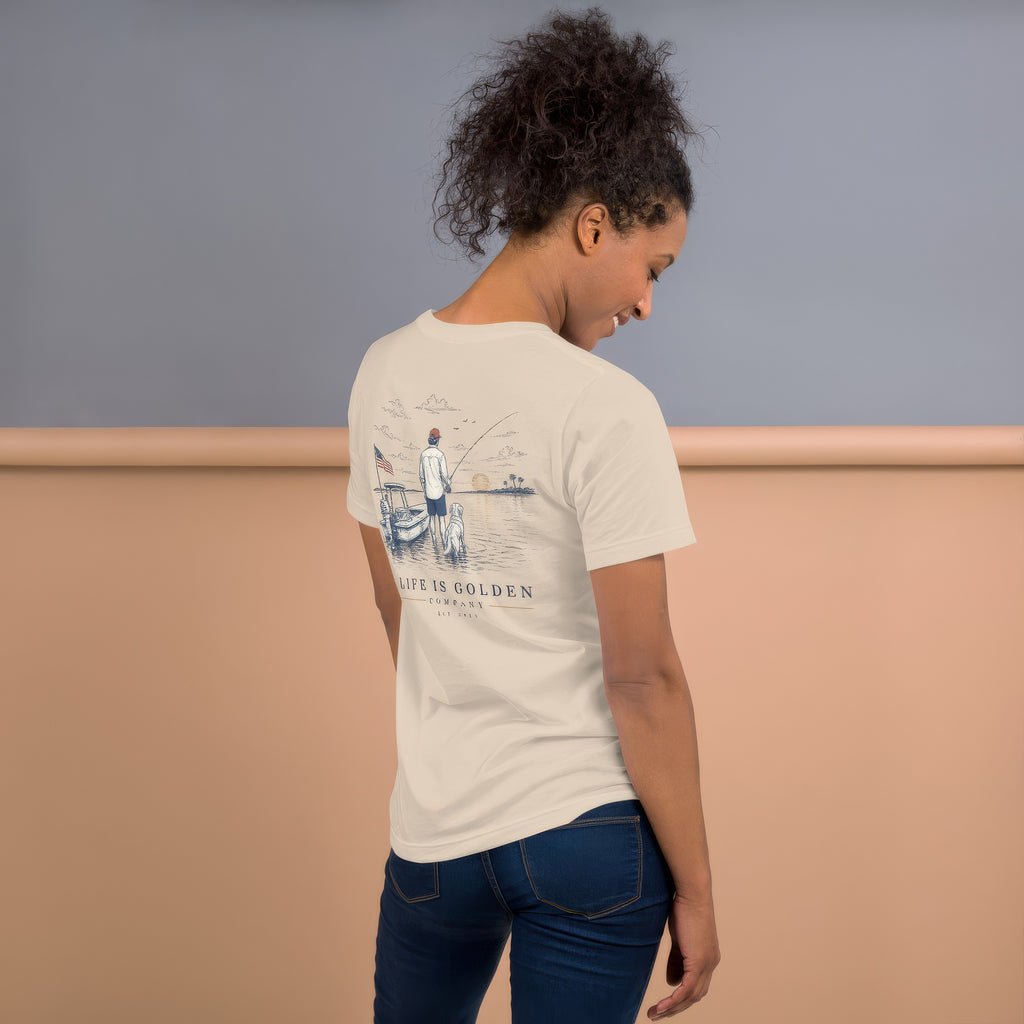 The Last Cast Tee — women's lifestyle, back (Soft Cream)
