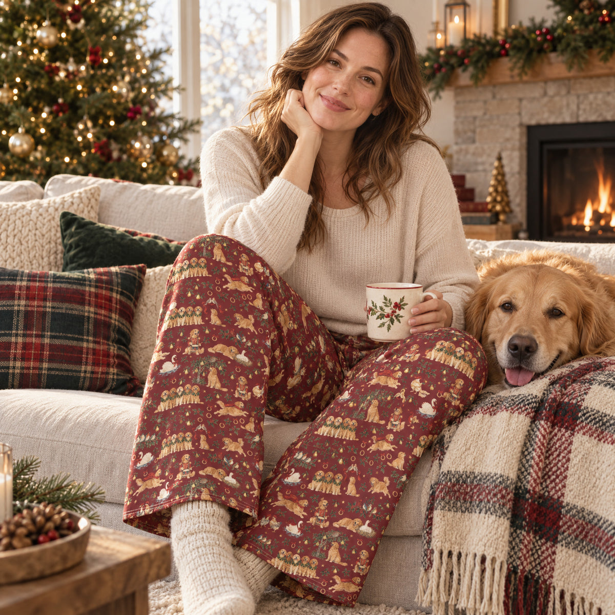 Five Golden Rings Wide-Leg Pajama Pants — at home