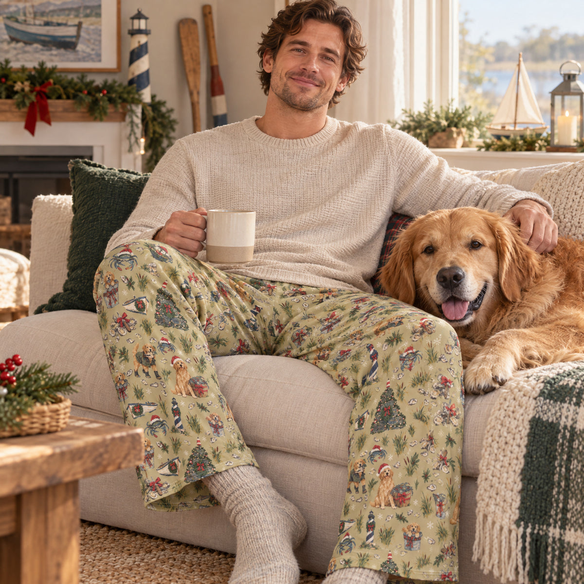 Crab Pot Christmas Wide-Leg Pajama Pants — at home