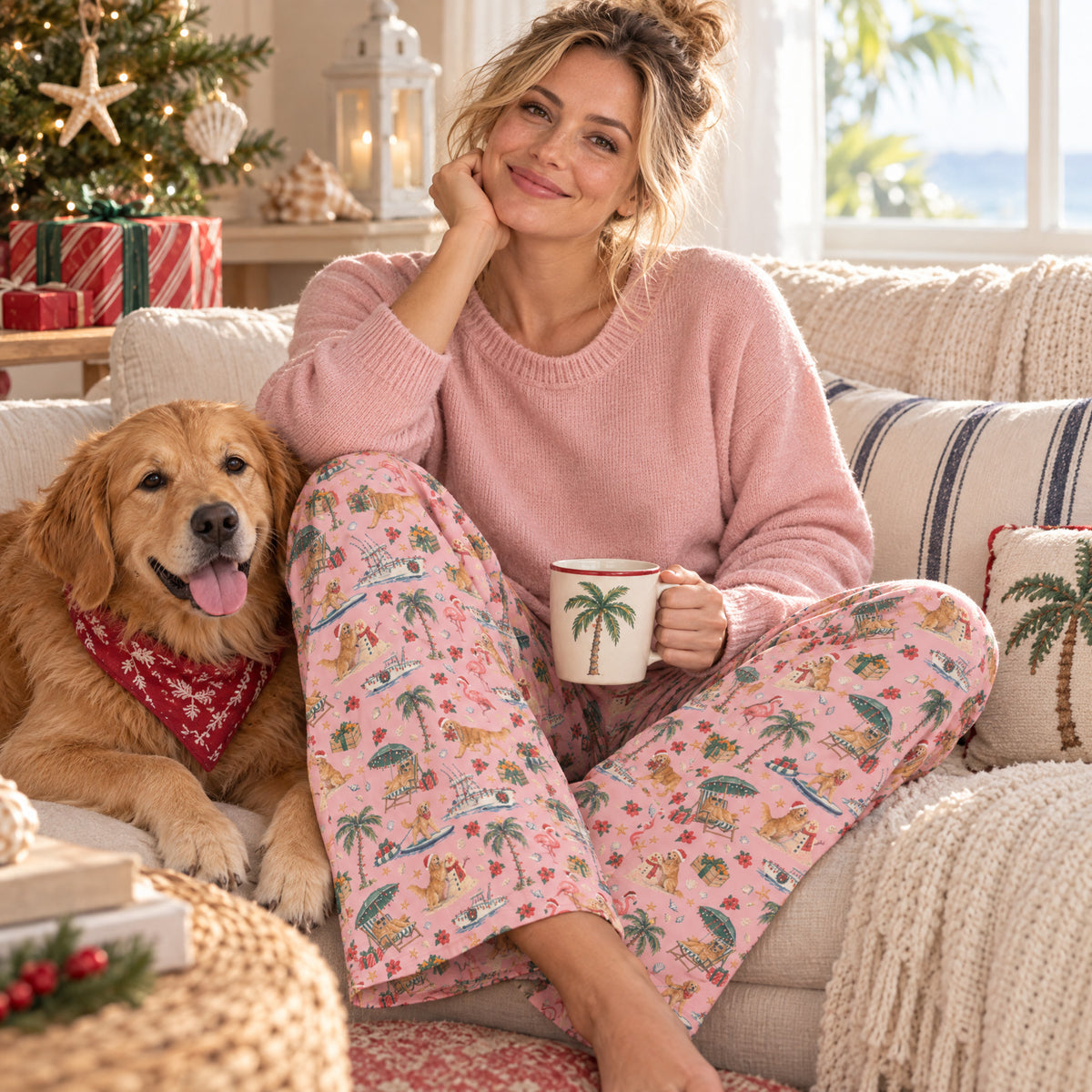 Sunshine State Santa Wide-Leg Pajama Pants — at home