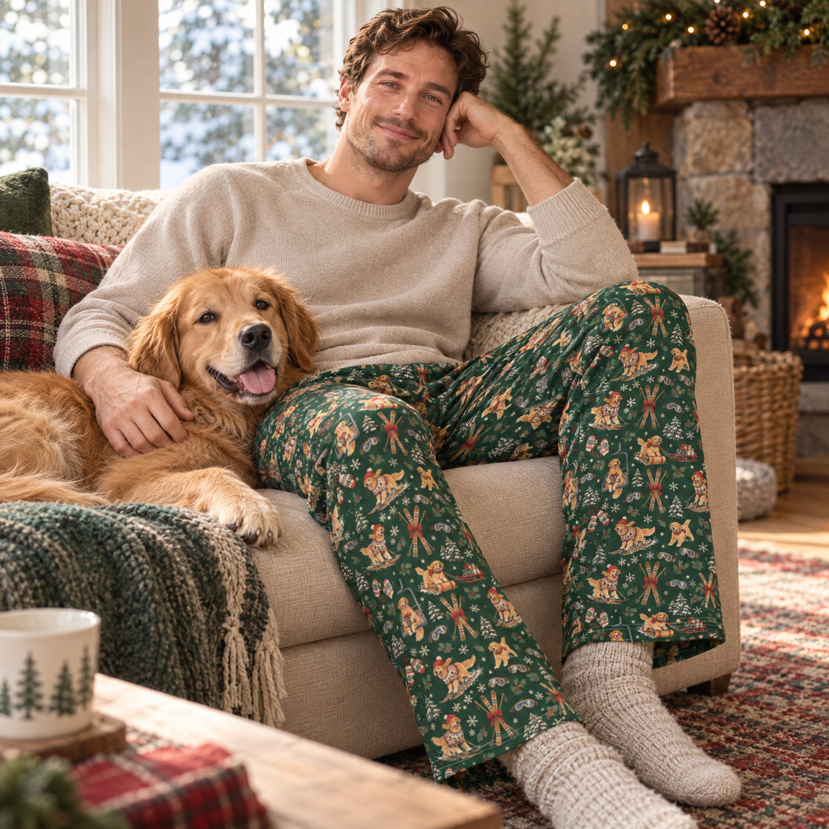 Après-Ski Goldens Wide-Leg Pajama Pants — at home