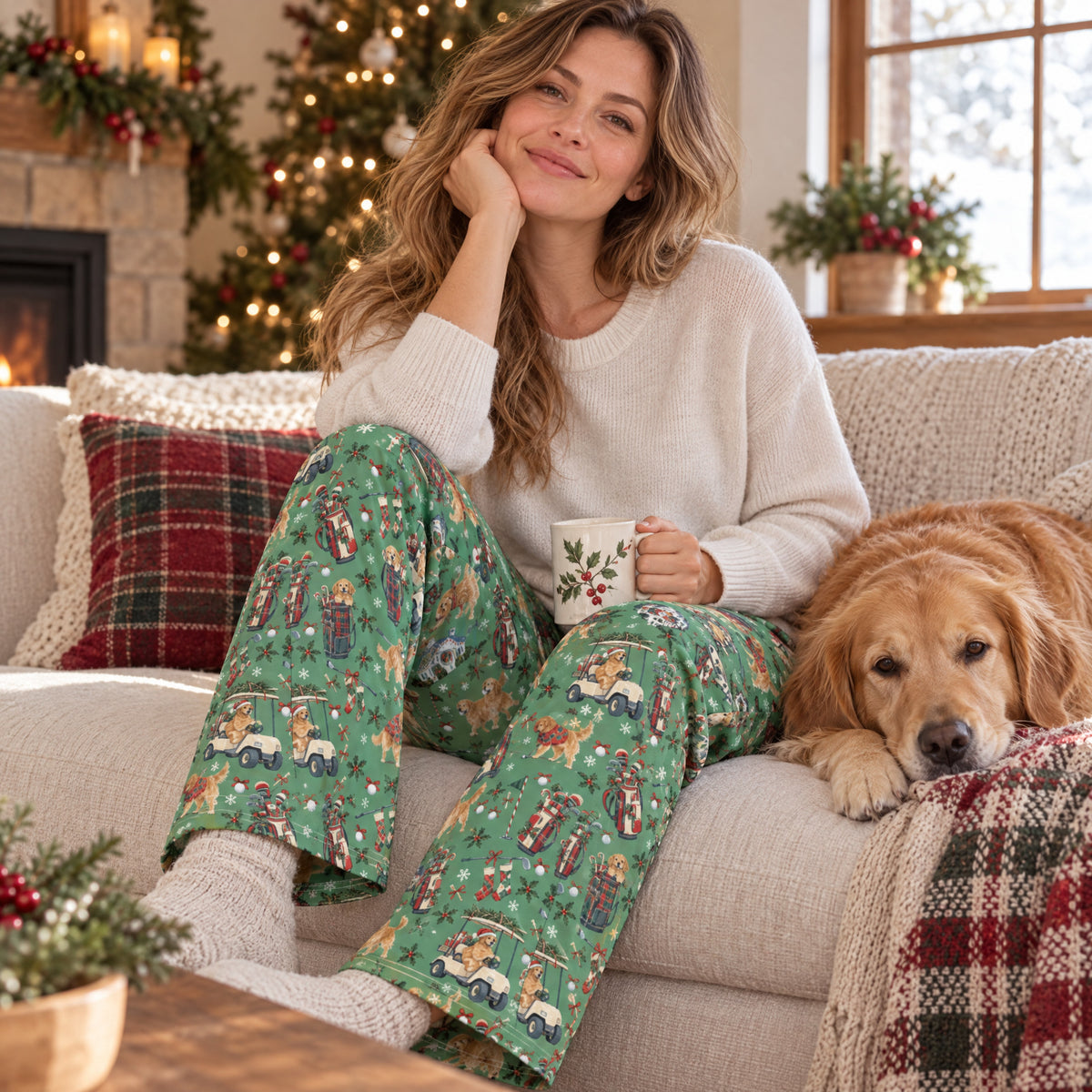 Holiday Rounds Wide-Leg Pajama Pants — at home