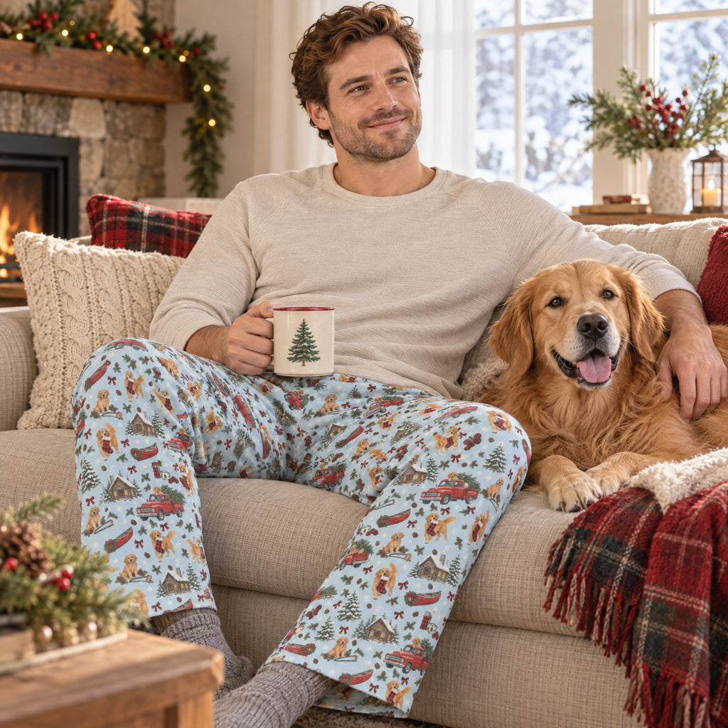 Tree Farm Christmas Wide-Leg Pajama Pants — at home