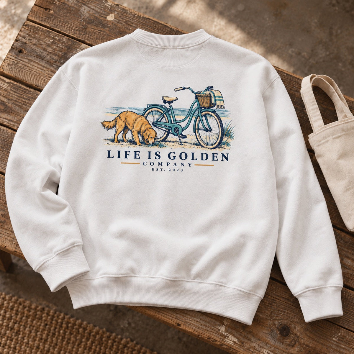 Beach Cruiser Crewneck — context (revised artwork)