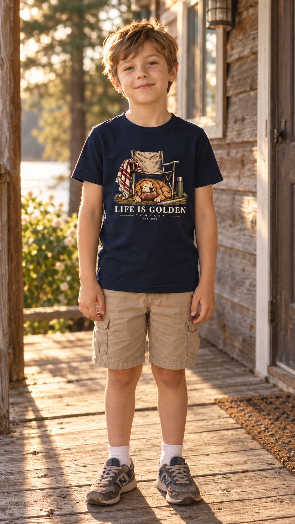 Camp Chair Companion Youth Tee in Navy, worn by a child