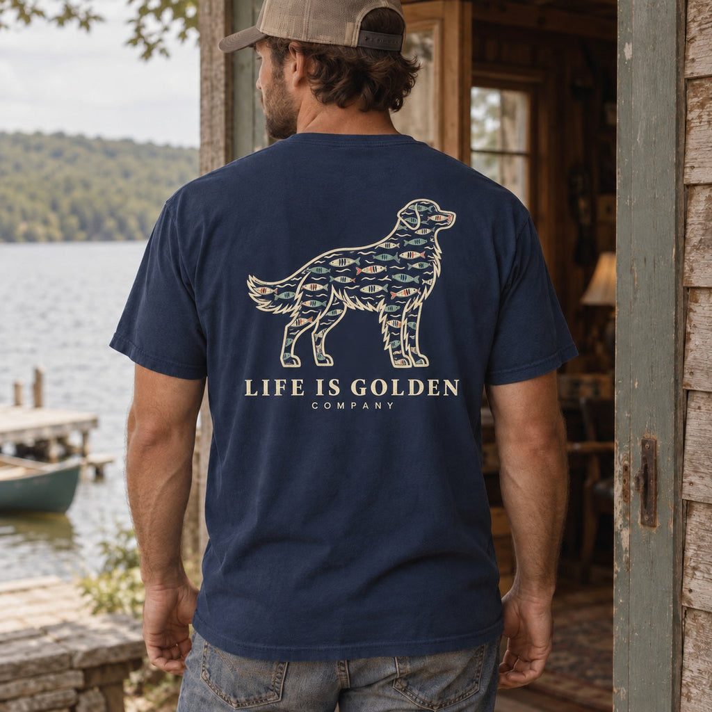 Fish Pattern Golden Heavyweight Tee — context (revised artwork)
