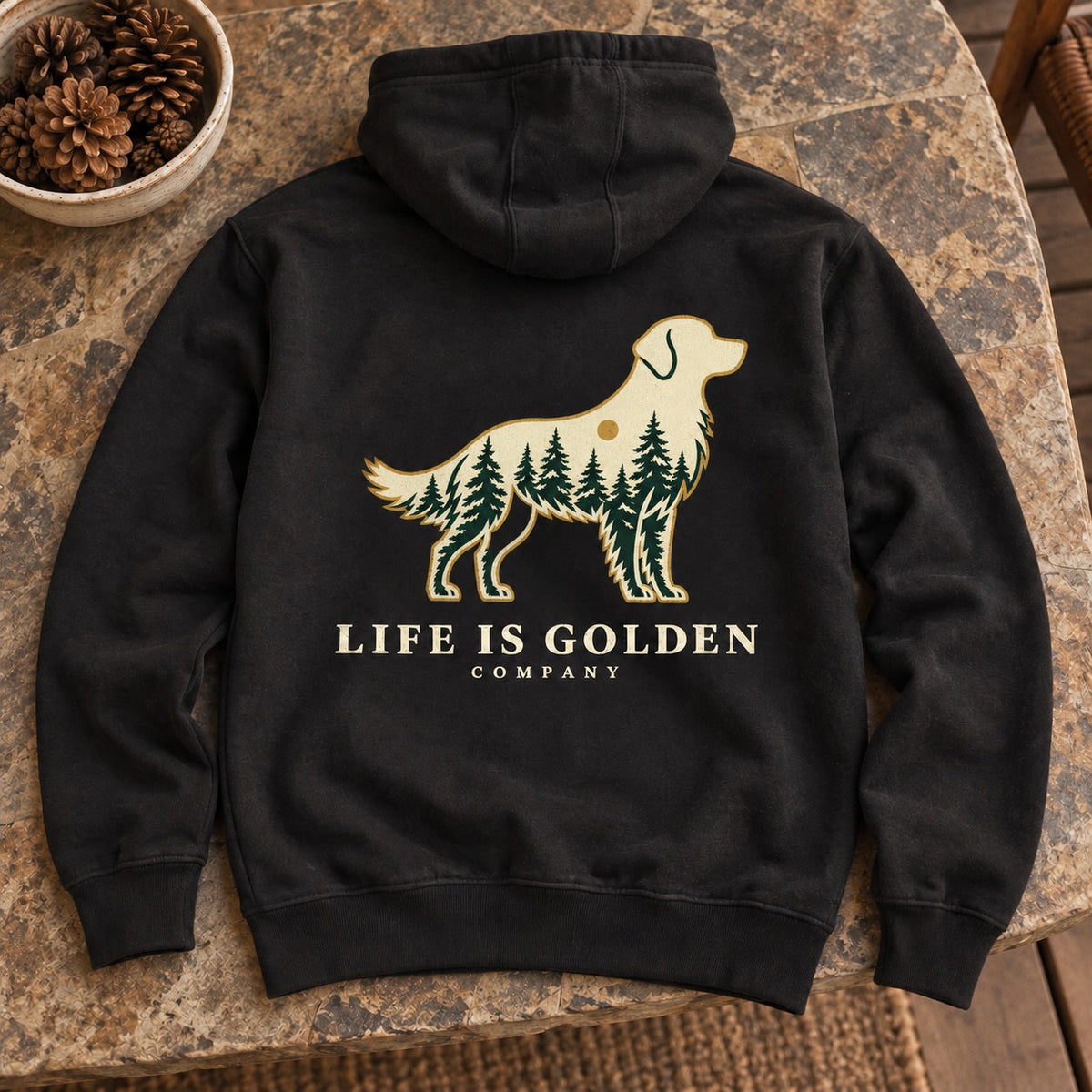 Forest Golden Hoodie — context (revised artwork)
