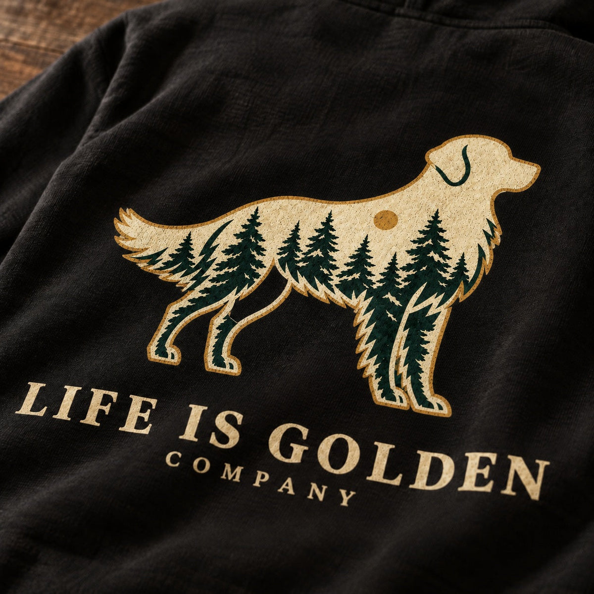 Forest Golden Hoodie — macro (revised artwork)