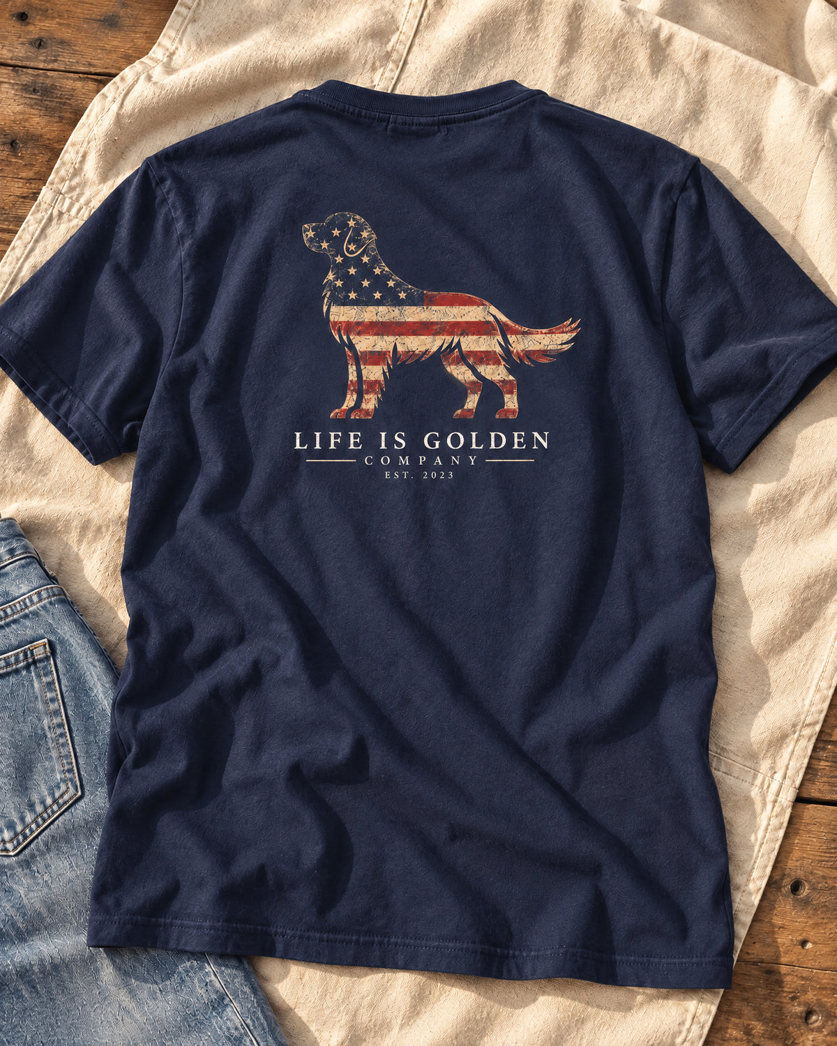 Stars & Stripes Golden Retriever Tee — close editorial view showing the artwork on the garment