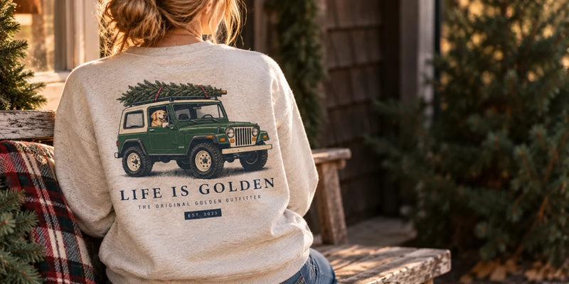 A real cream sweatshirt with personalized dog-and-car artwork