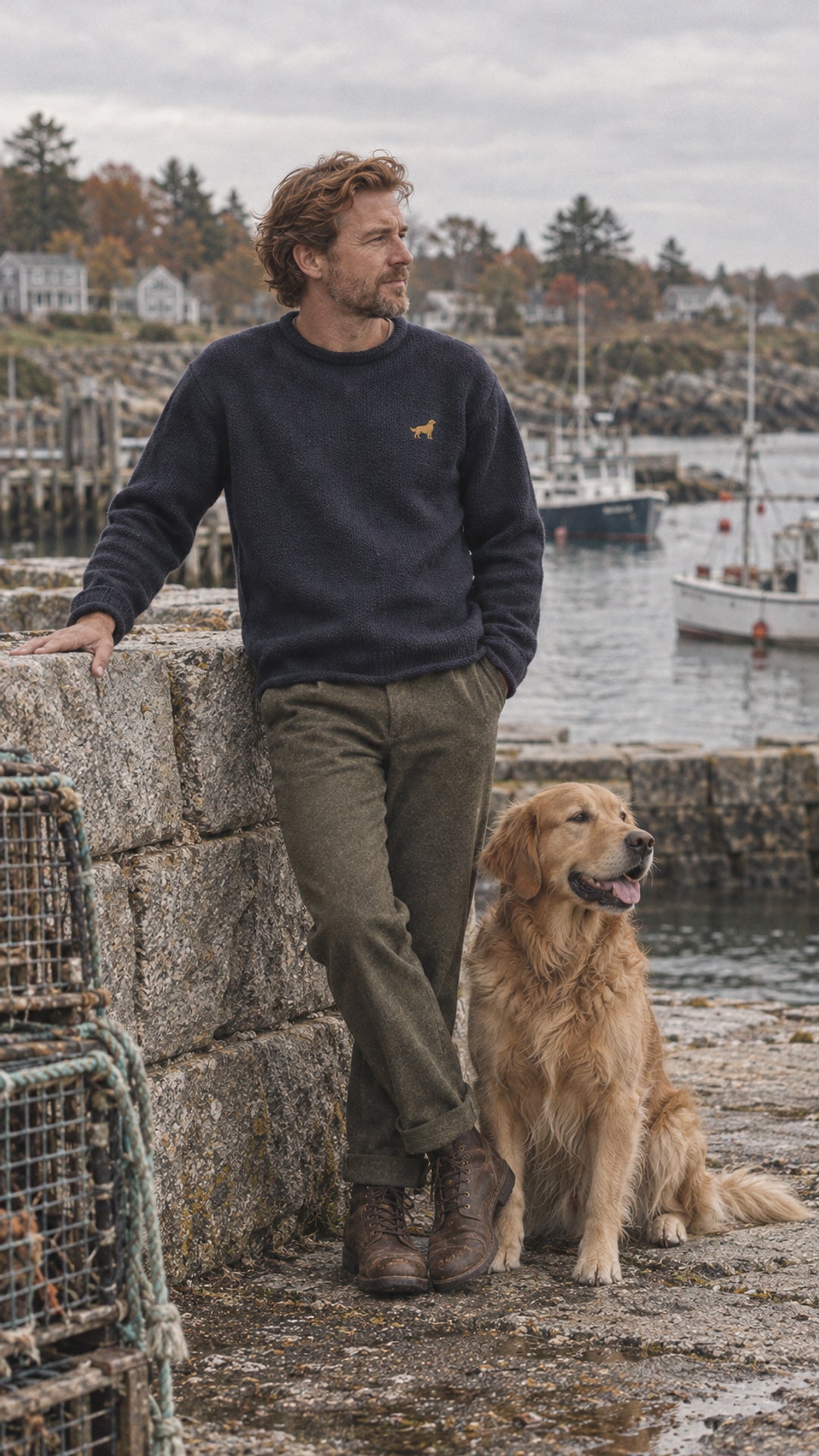 Navy Golden Heritage Sweater styled beside a golden retriever at the harbor